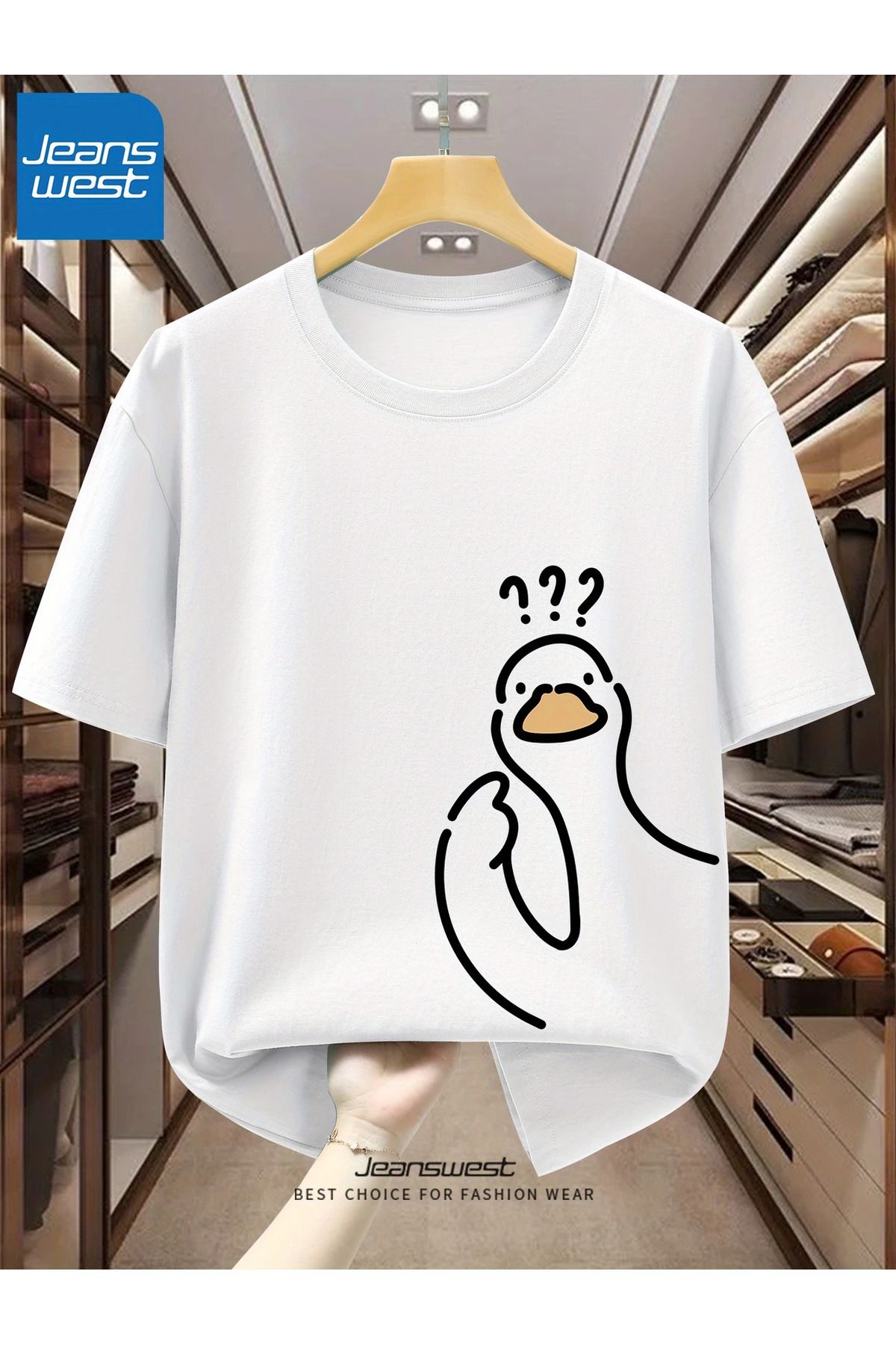 LUNAVISTA Duck Baskılı Bisiklet Yaka Kısa Kol T-shirt