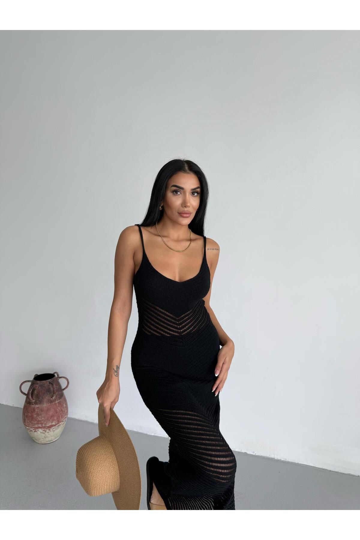 moda paketi Kadın Siyah Ajurlu Yazlık Triko Elbise