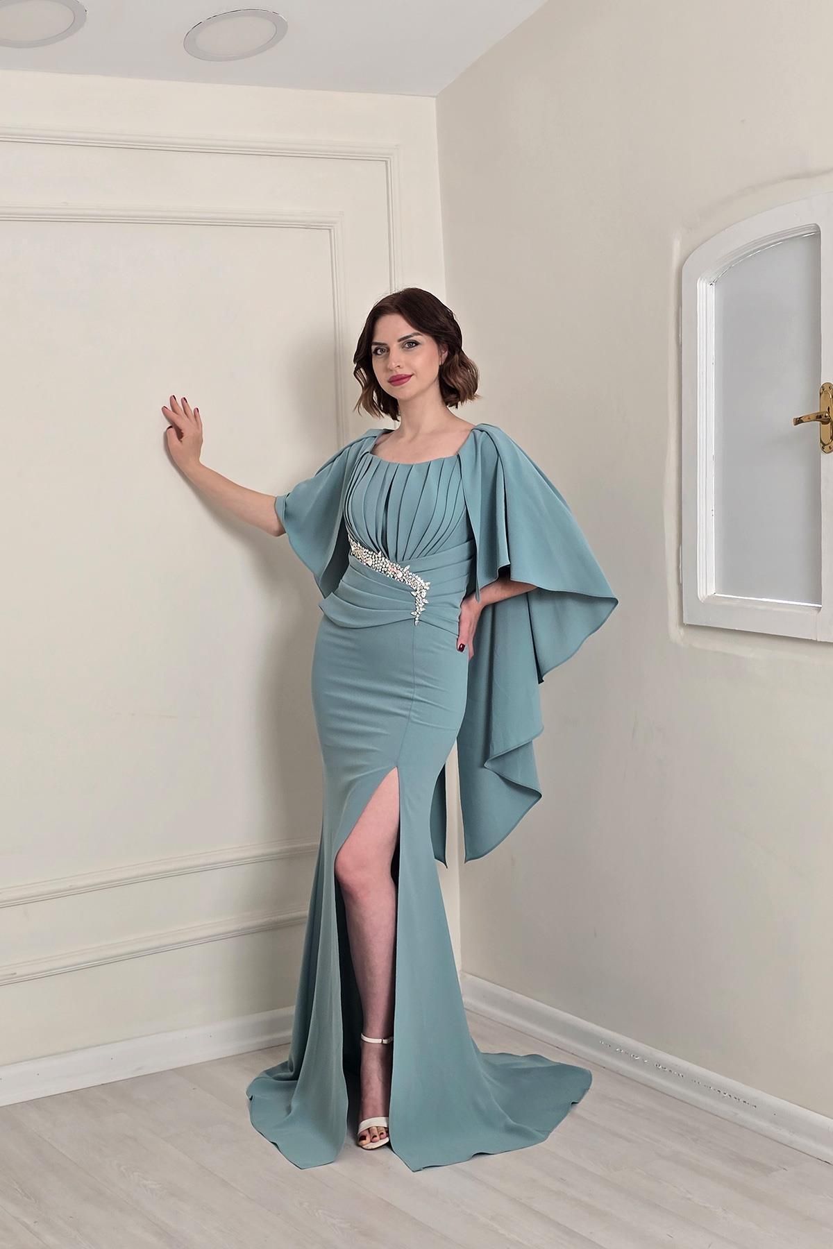 Yonca Moda Evi Mint Pelerinli Krep Elbise 5515