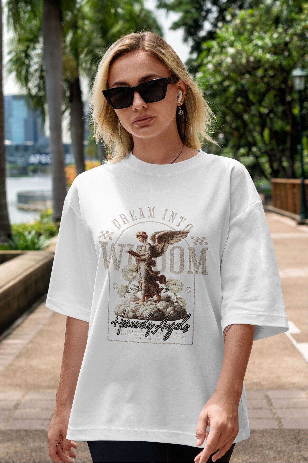 ELFAMİ Unisex Erkek/Kadın WISDOM 2 Renkli Özel Baskılı Oversize Pamuklu Bisiklet Yaka T-Shirt Tişört