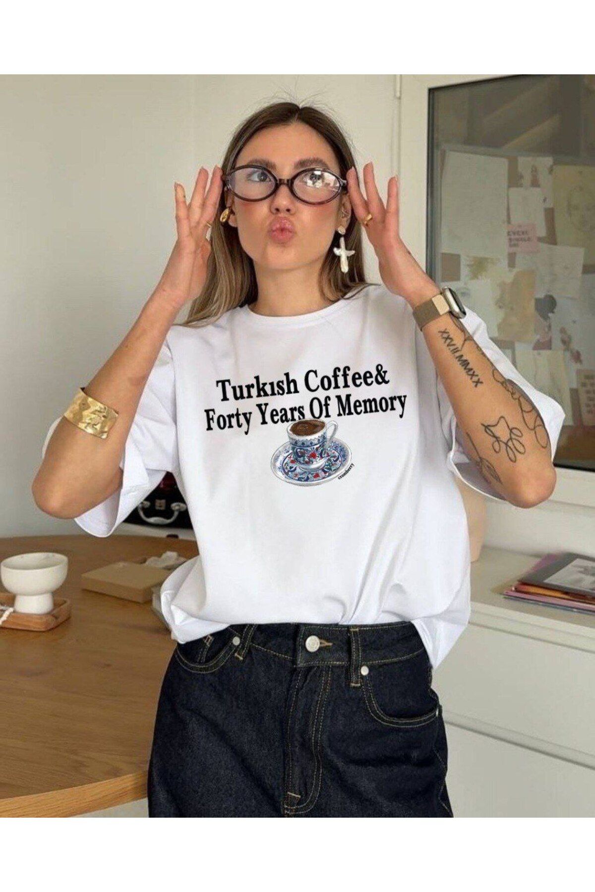 Butik Bisiklet Yaka %100 Pamuklu Kumaş Turkish Coffee Baskılı Oversize T-shirt