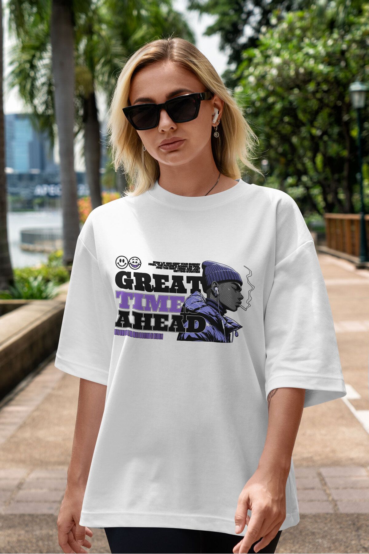ELFAMİ Unisex Erkek/Kadın GREAT TIME AHEAD Özel Baskılı Oversize Pamuklu Bisiklet Yaka T-Shirt