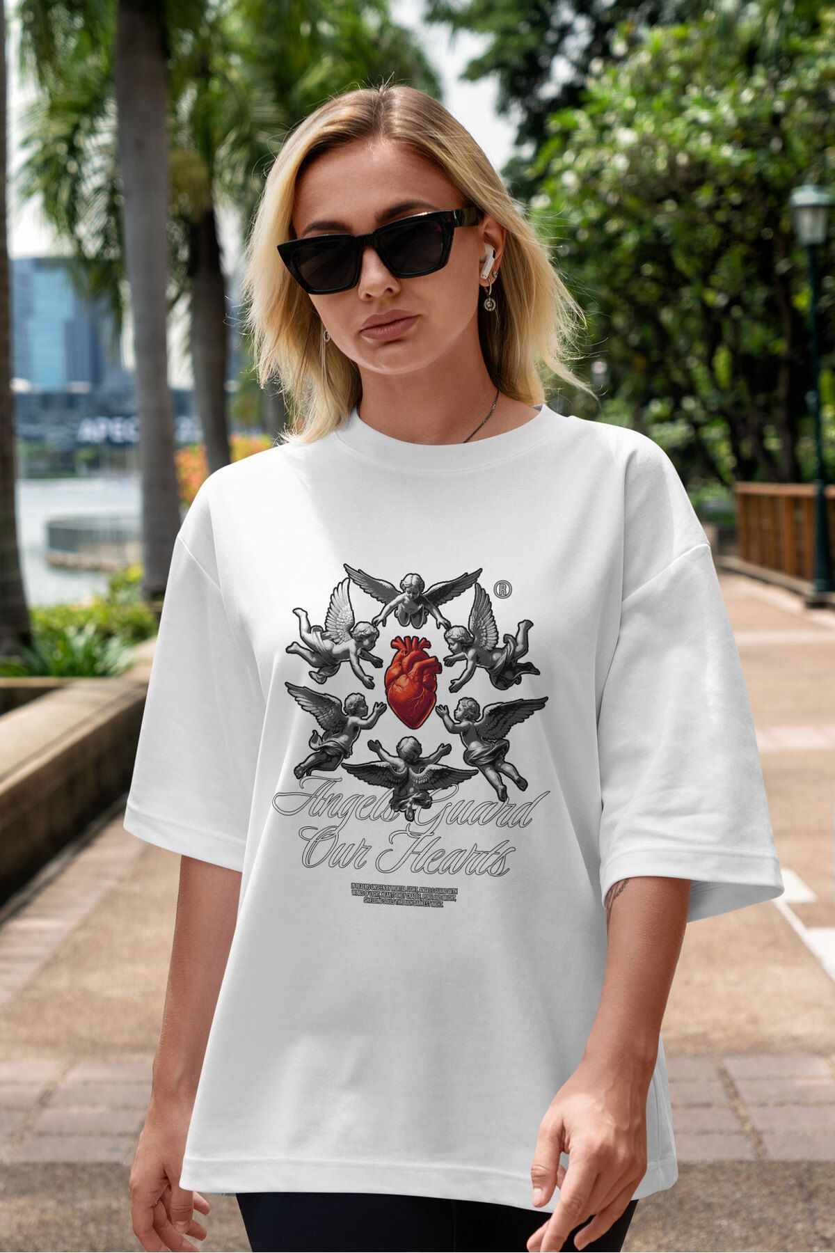 ELFAMİ Unisex Erkek/Kadın ANGELS GUARD Özel Baskılı Oversize Pamuklu Bisiklet Yaka T-Shirt