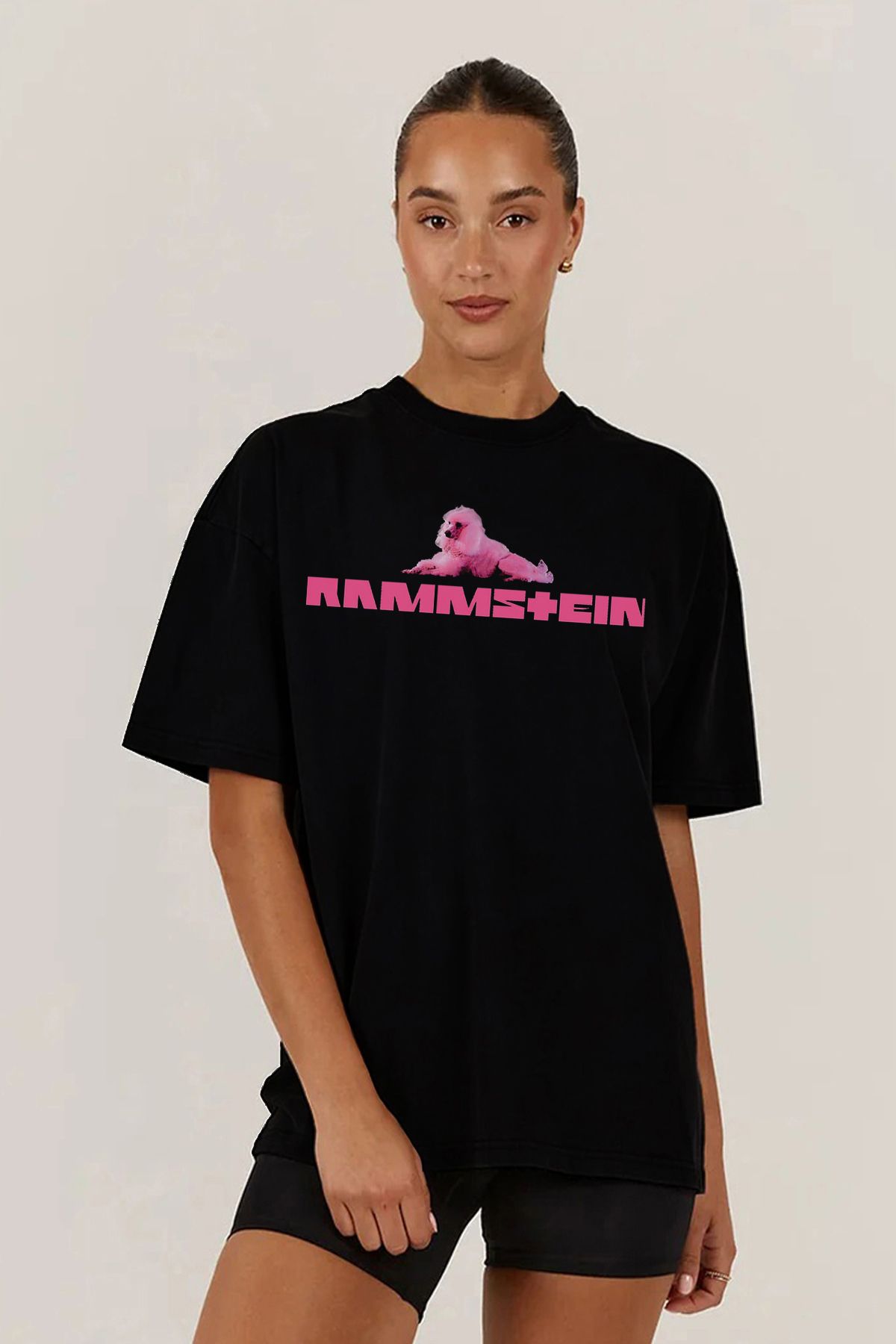 MODA Rammstein Pembe Poodle Baskılı Oversize Kalıp Siyah Geniş Bol Kesim Kadın Tişört