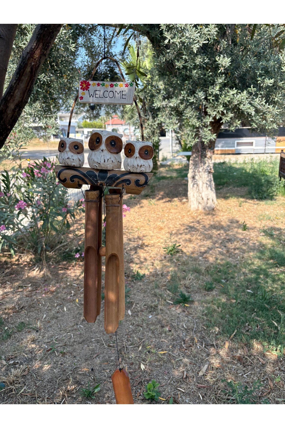cemfa Welcome Yazılı Bambu Baykus Rüzgar Çanı Bahce Balkon