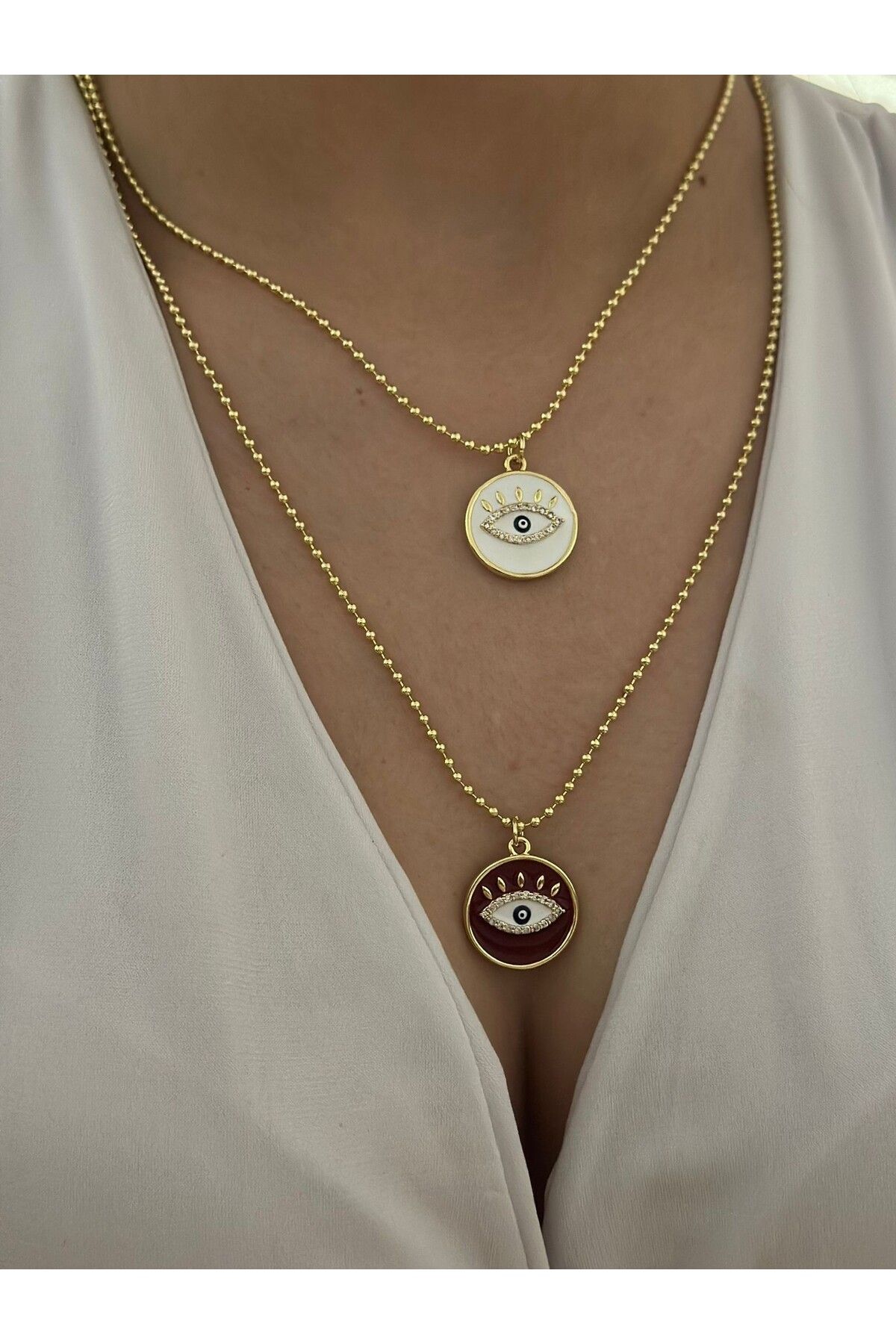 MyladyAccessoriess Topçuk Zincir Ve Göz Detay Çelik Kolye Beyaz