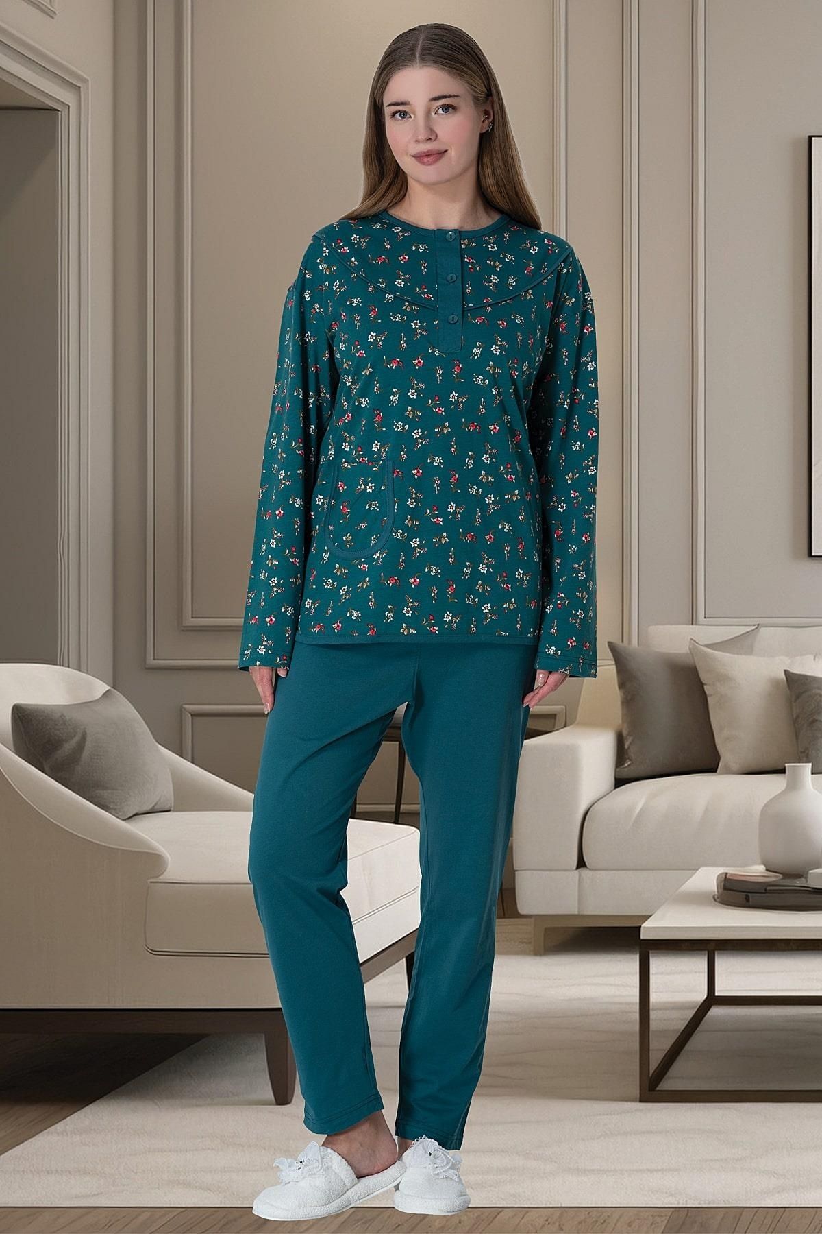 By Mecit Pijama Kadın Uzun Kollu Yeşil %100 Pamuk Büyük Beden Pijama Takımı