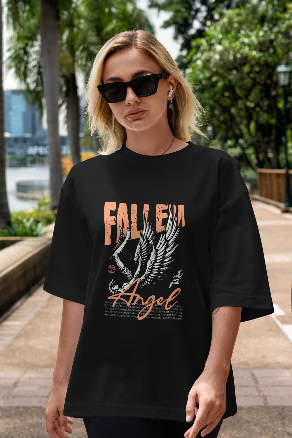 ELFAMİ Unisex Erkek/Kadın FALLEN ANGEL 2 Renkli Özel Baskılı Oversize Pamuklu Bisiklet Yaka T-Shirt Tişört
