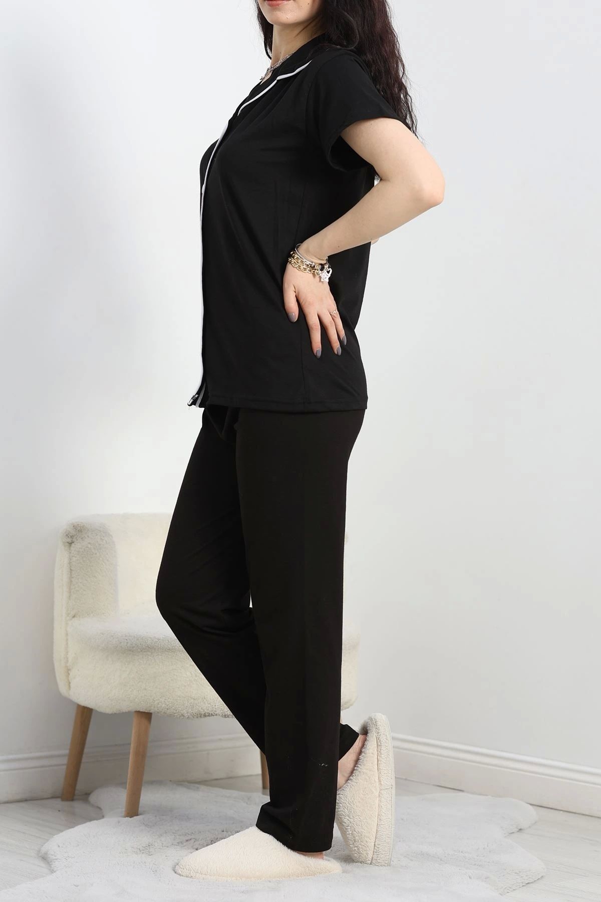 OurStyles Biyeli Viskon Düğmeli Pijama Takımı Siyah - 50581.1950.