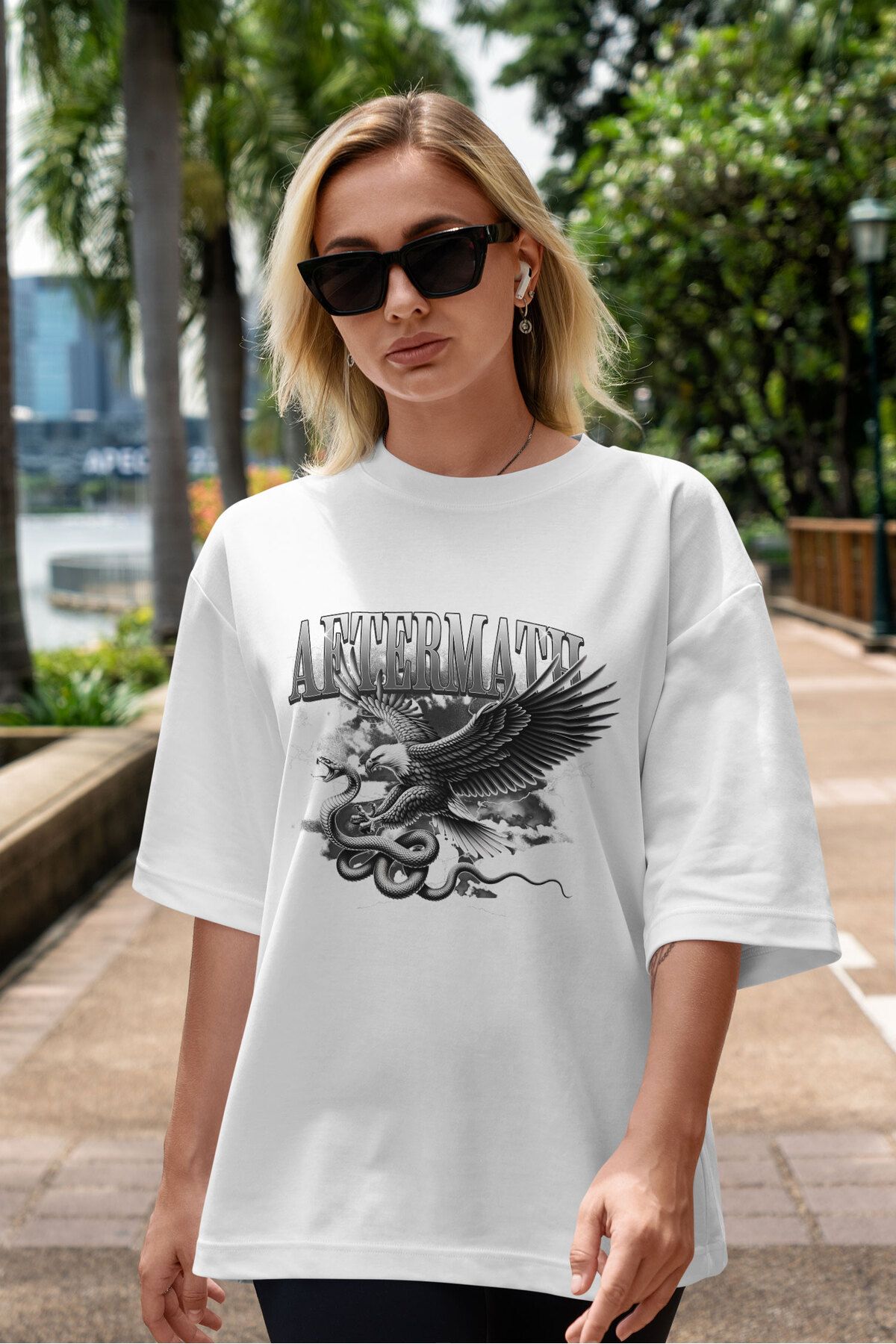ELFAMİ Unisex Erkek/Kadın AFTERMATH Özel Baskılı Oversize Pamuklu Bisiklet Yaka T-Shirt