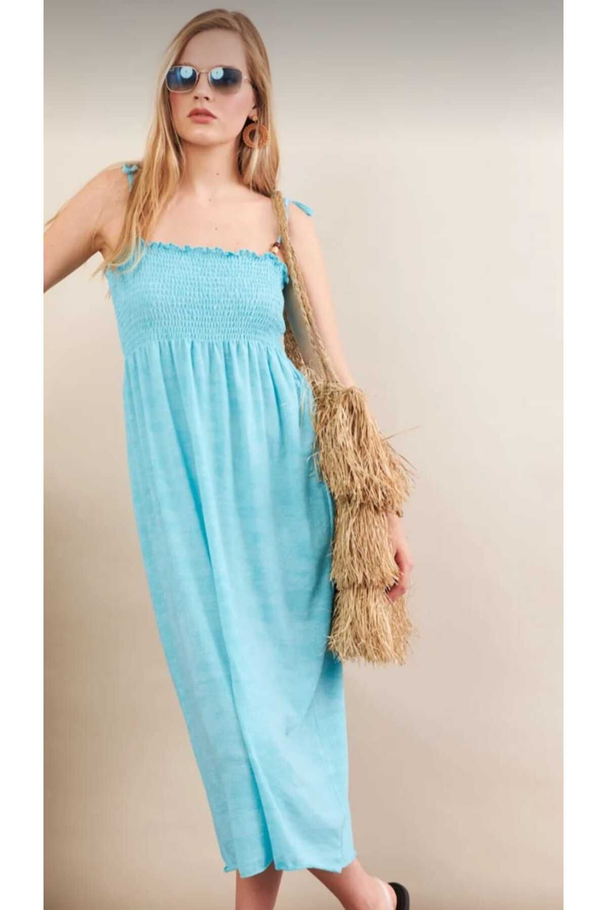 Handmade Elegance MARGOT Eteği Belden Açılan Gipeli Midi Dokuma Elbise %100 Pamuk