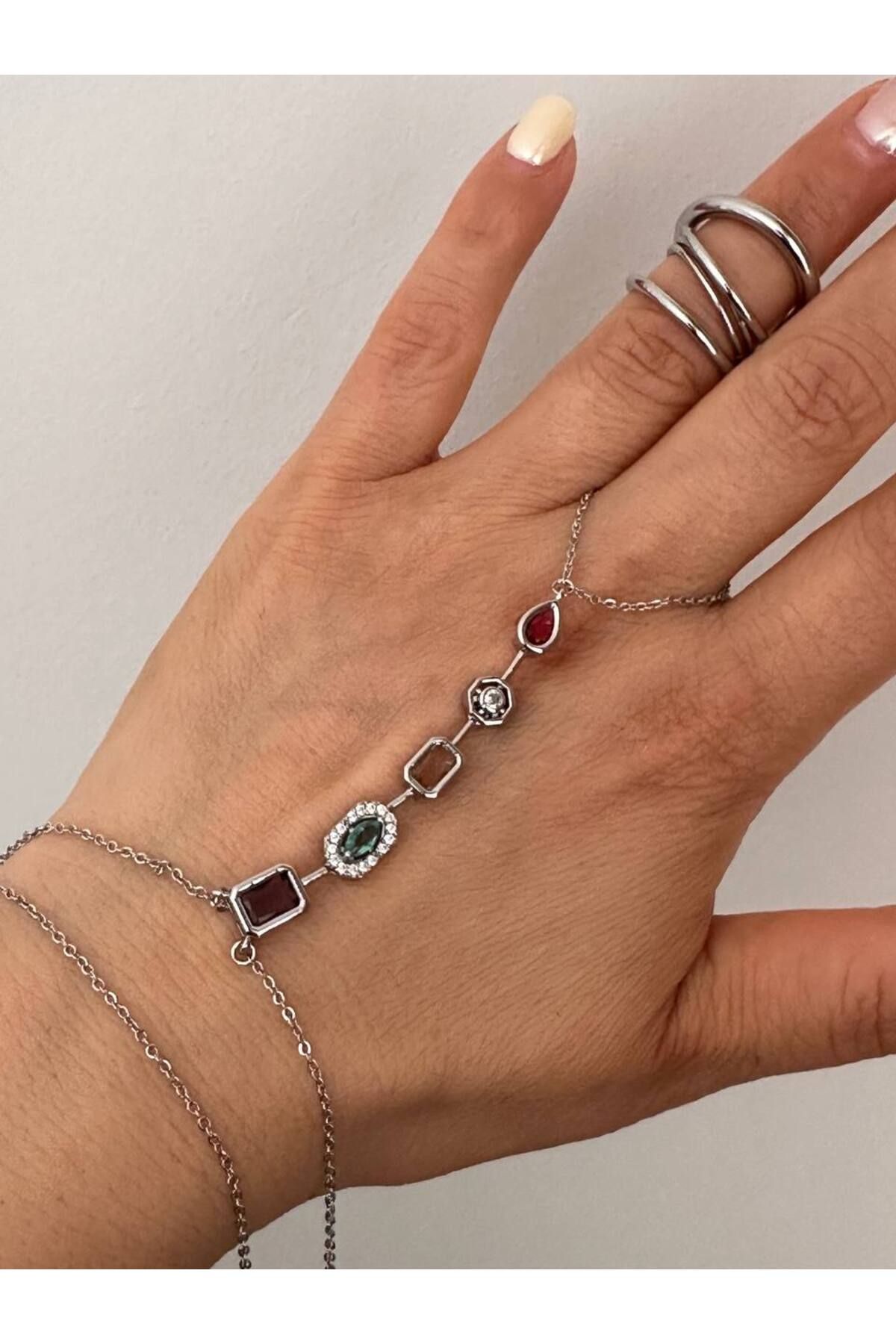 Esmeray Aksesuar Gümüş Renk Paslanmaz Çelik Zirkon Renkli Taşlı Şahmeran Bileklik