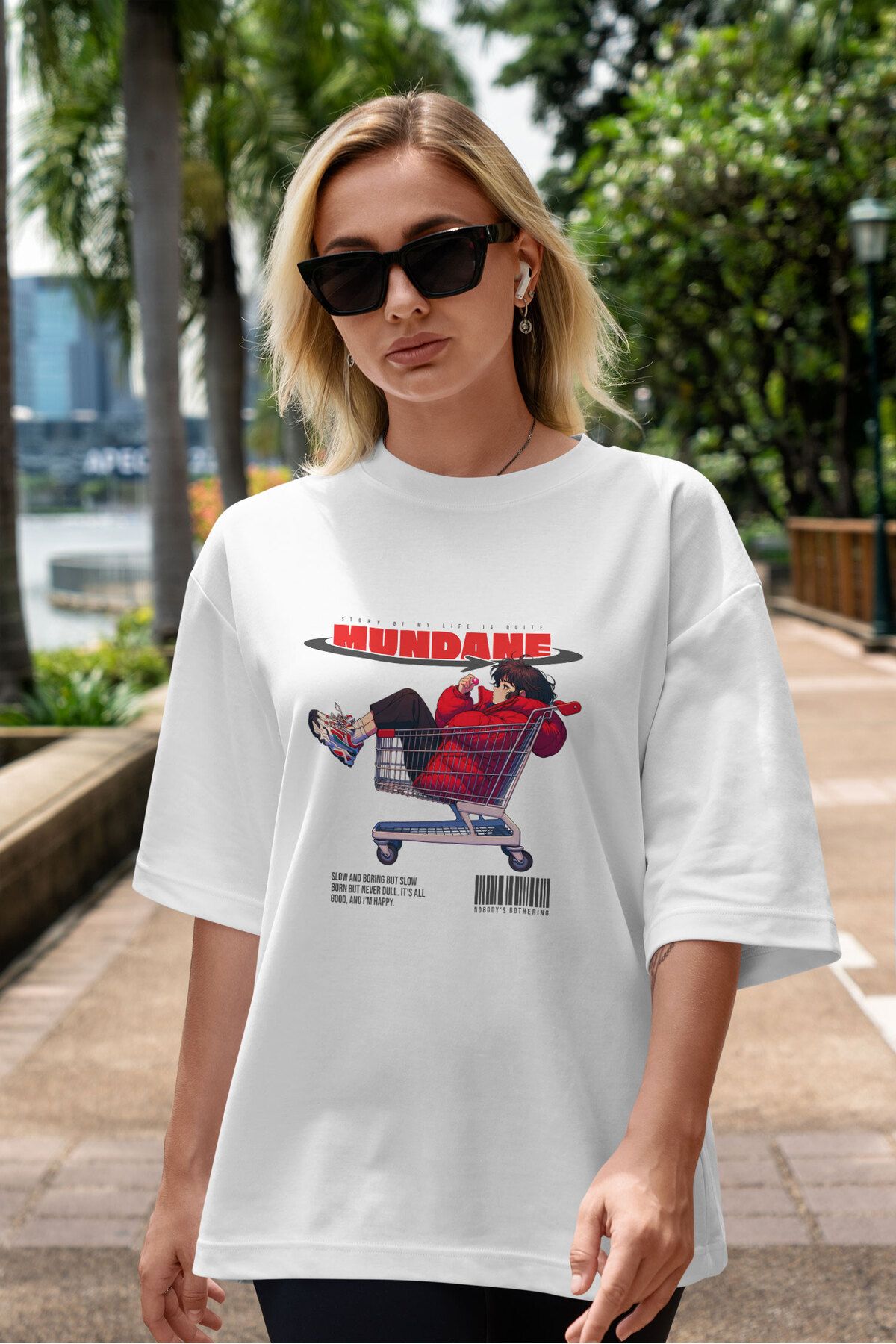 ELFAMİ Unisex Erkek/Kadın MUNDANE Özel Baskılı Oversize Pamuklu Bisiklet Yaka T-Shirt