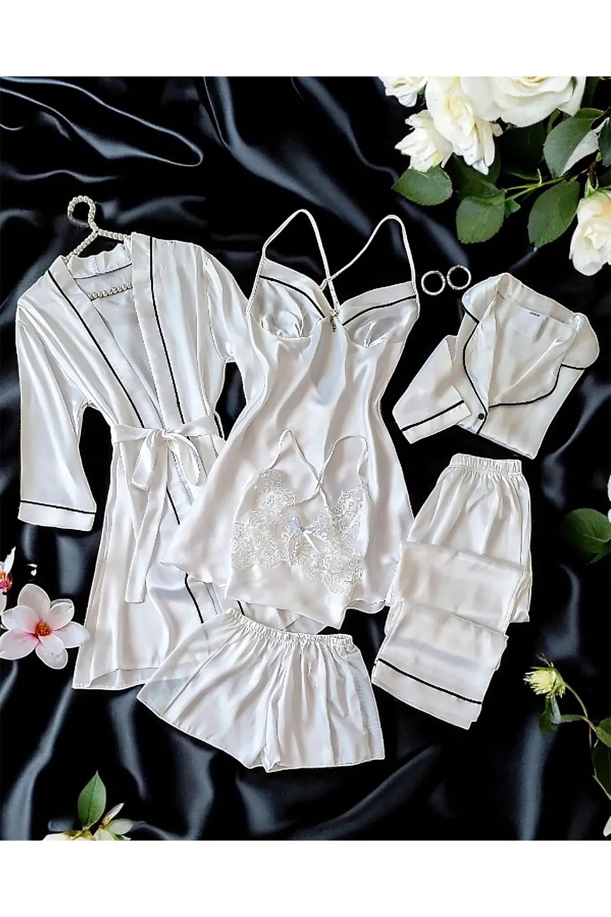 cdh çeyize dair herşey Sunshine İpek Saten Beyaz 6 lı Pijama Seti 6734