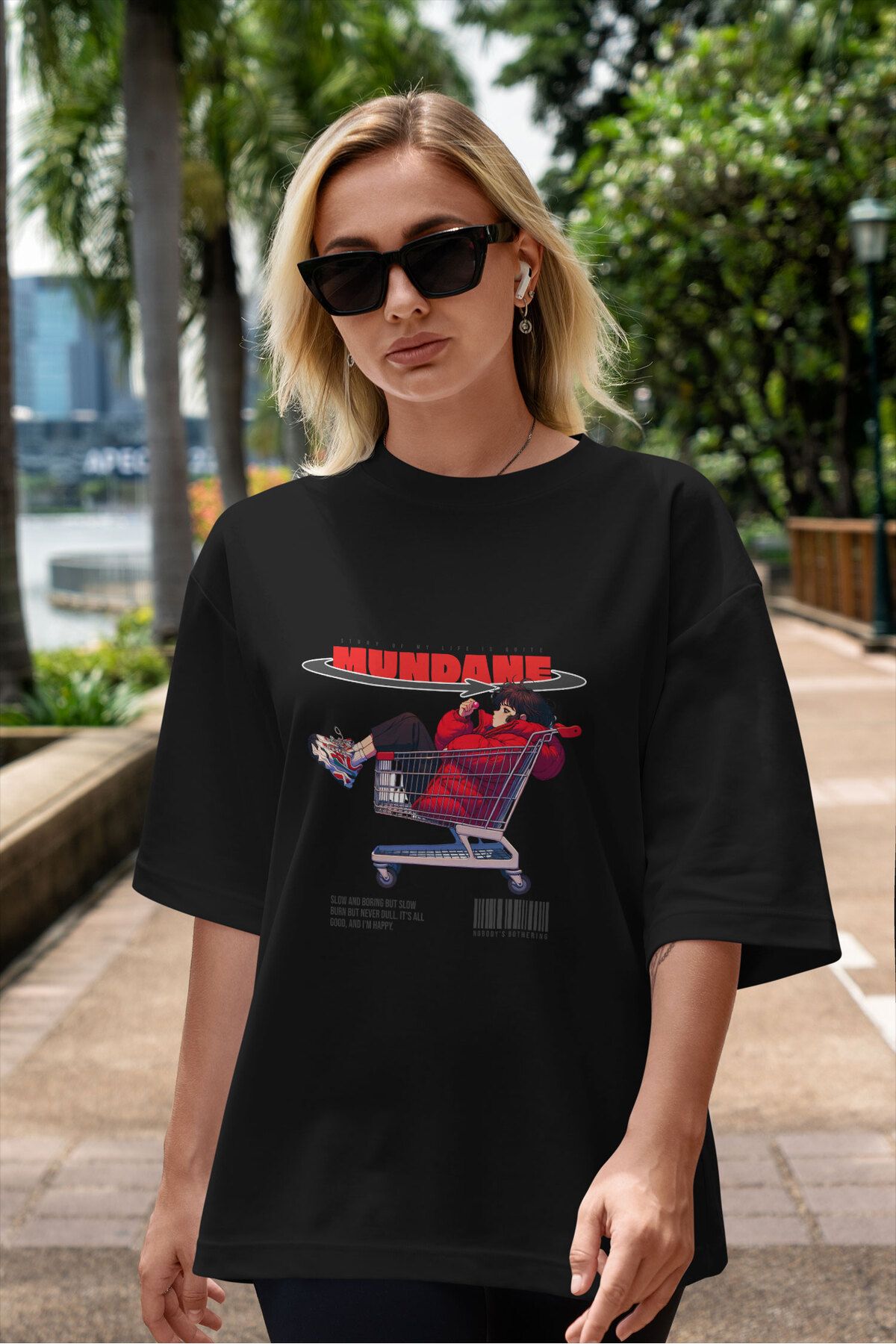 ELFAMİ Unisex Erkek/Kadın MUNDANE Özel Baskılı Oversize Pamuklu Bisiklet Yaka T-Shirt