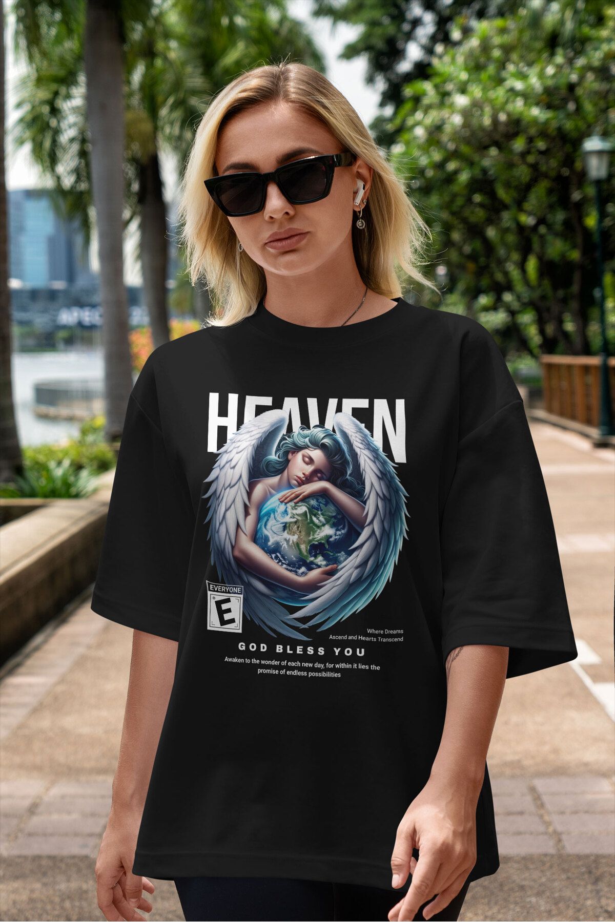 ELFAMİ Unisex Erkek/Kadın HEAVEN 2 Renkli Özel Baskılı Oversize Pamuklu Bisiklet Yaka T-Shirt Tişört