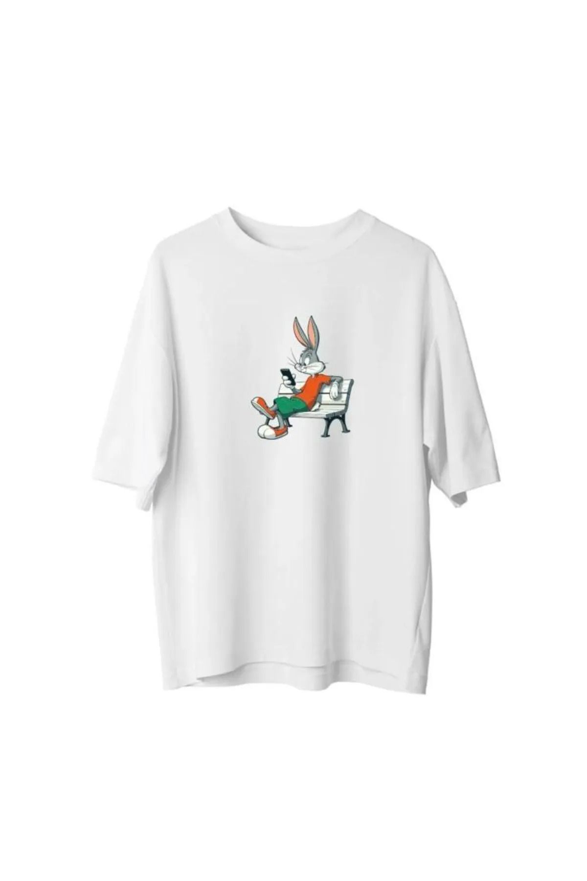 Koklonmoda Büyük Beden Unisex Telefon Oynayan Tavşan Baskılı Oversize T-Shirt