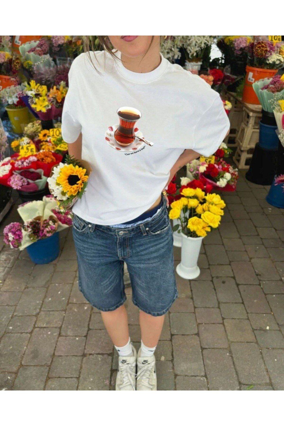 Butik Bisiklet Yaka %100 Pamuklu Kumaş Turkish Tea Baskılı Oversize T-shirt