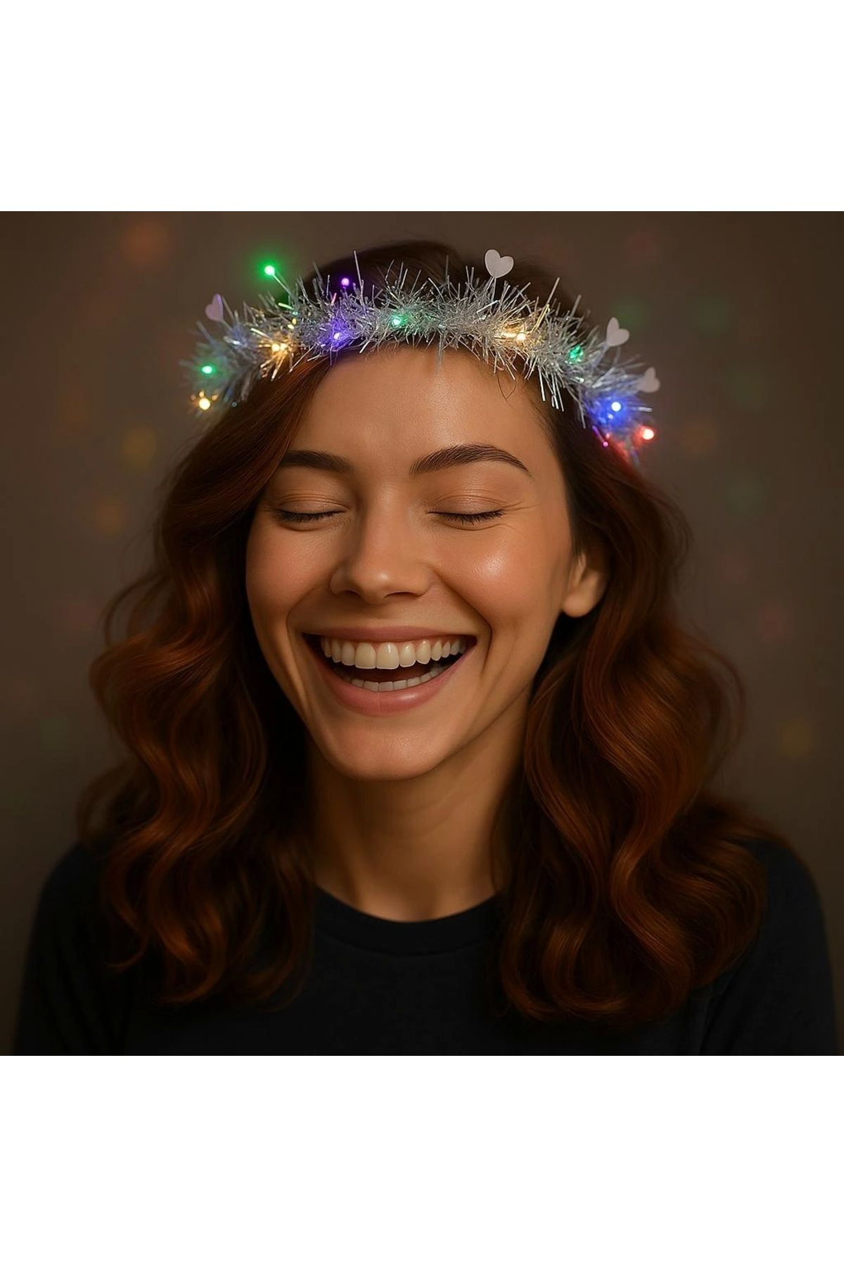 OurStyles Kalp Püsküllü Gece Parıltısı 3 Modlu LED'li Işıklı Taç Gümüş Renk