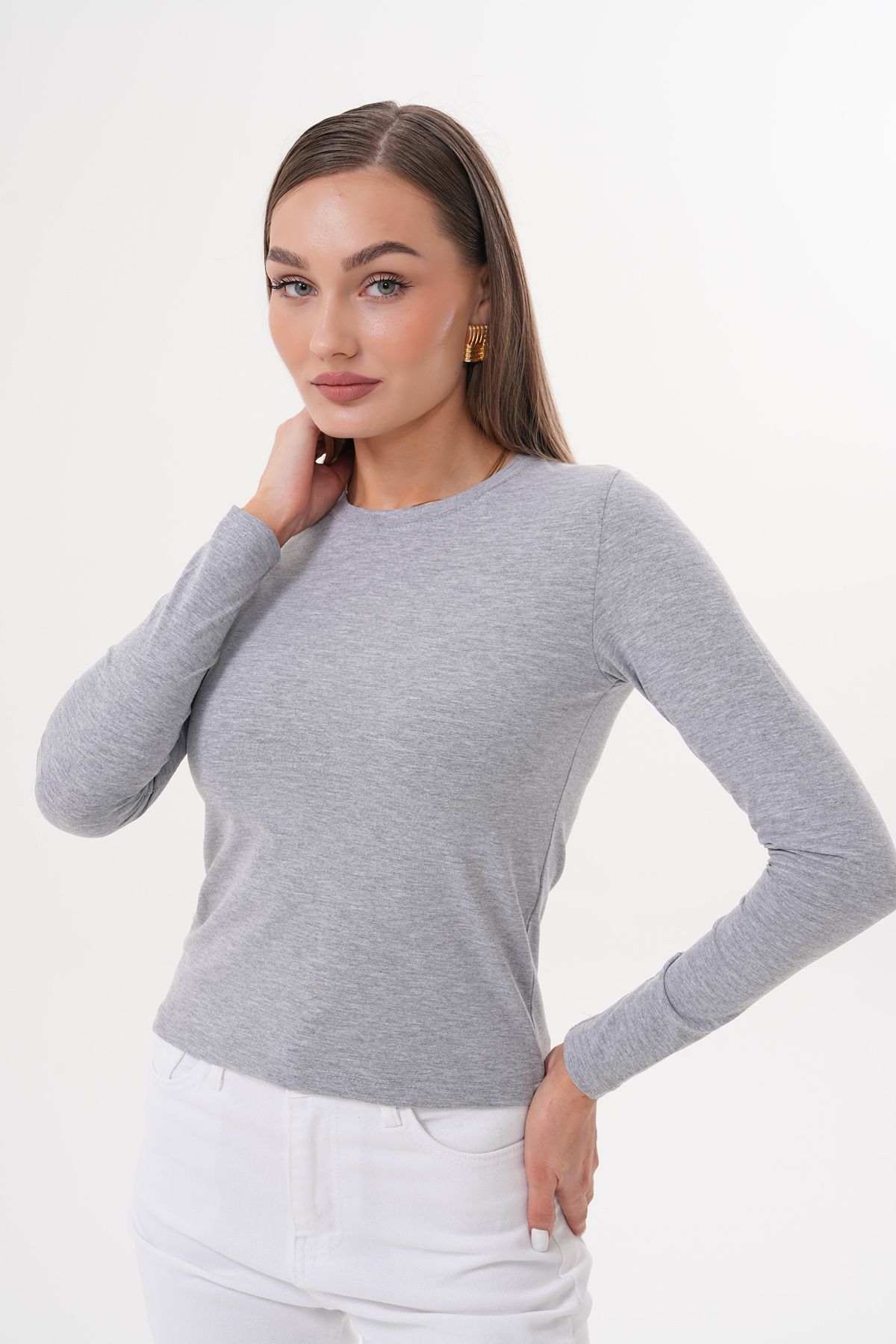GENIUS STORE Uzun Kollu Kısa Kadın Bluz Long Fitted UZUNKOL-BLUZ
