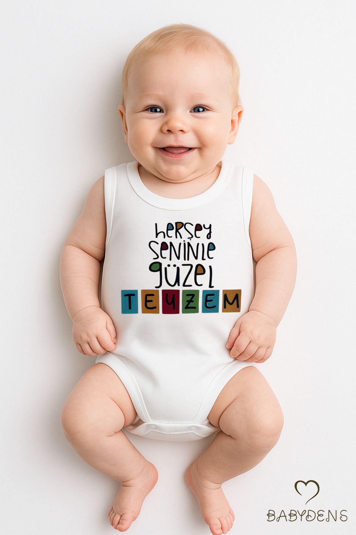 BABYDEN'S Her Şey Seninle Güzel Teyzem Yazılı Kolsuz Bebek Body %100 Pamuk, Renkli Baskılı Yazlık Zıbın Tulum