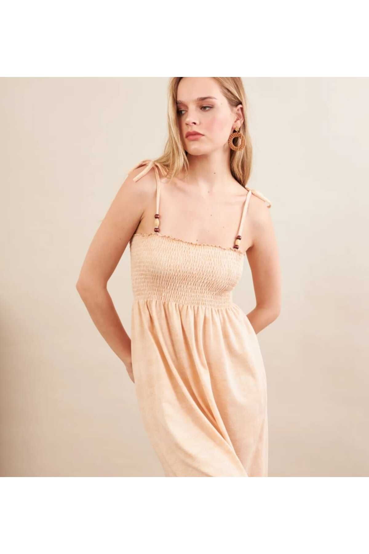 Handmade Elegance MARGOT Eteği Belden Açılan Gipeli Midi Dokuma Elbise %100 Pamuk
