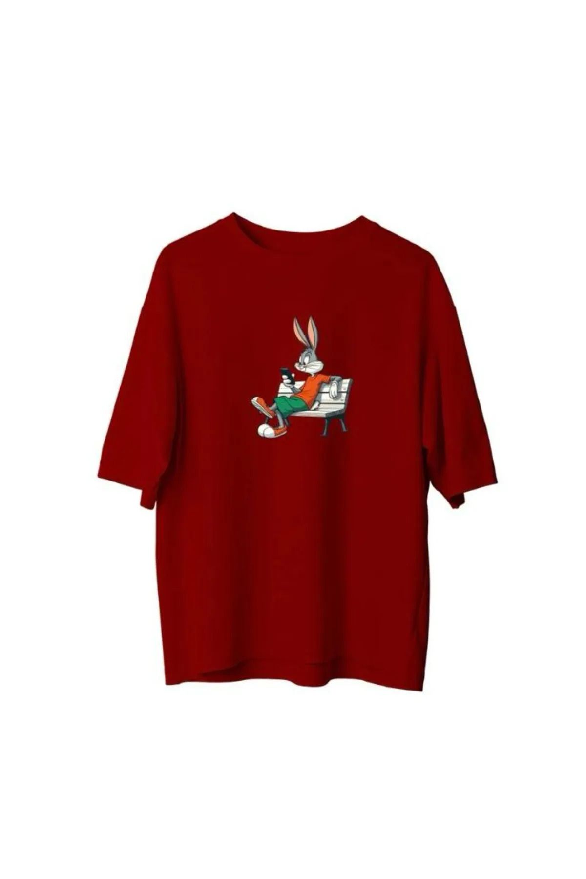 Koklonmoda Büyük Beden Unisex Telefon Oynayan Tavşan Baskılı Oversize T-Shirt
