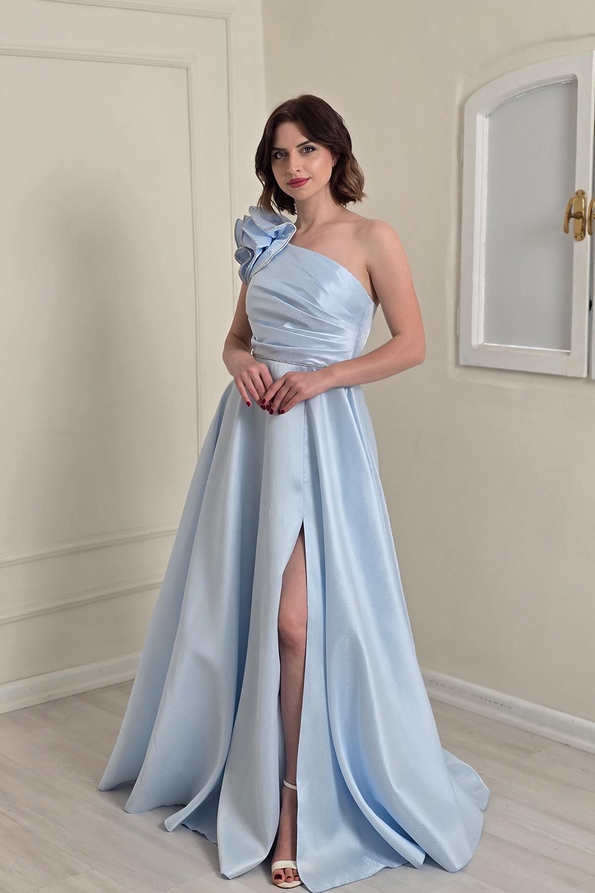 Yonca Moda Evi BEBE MAVİSİ Ağaç Kabuğu Volanlı Abiye 1143
