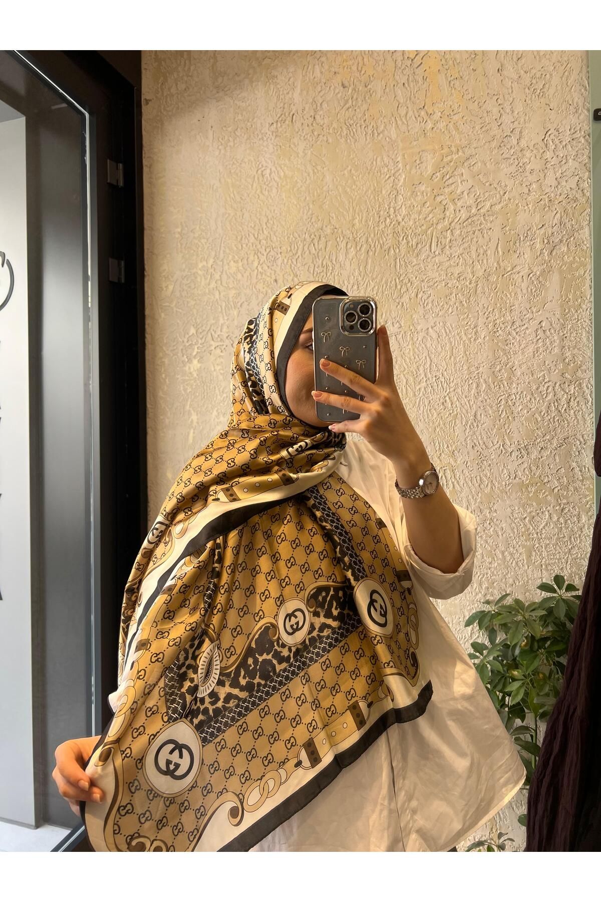 Vaveyla KENARI SİYAH ŞERİTLİ GUCCI DESENLİ VUAL ŞAL