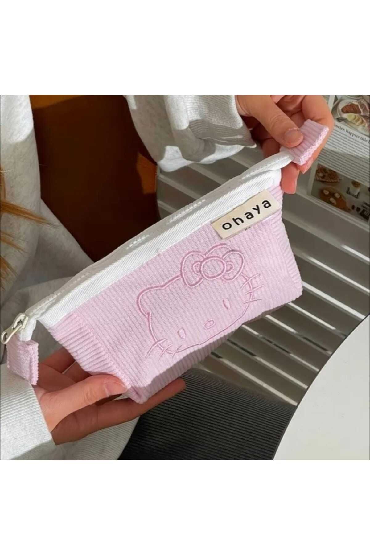 Asya Hello Kitty Kozmetik Makyaj Çantası Kanvas Kumaş Soft Pembe Kalemlik