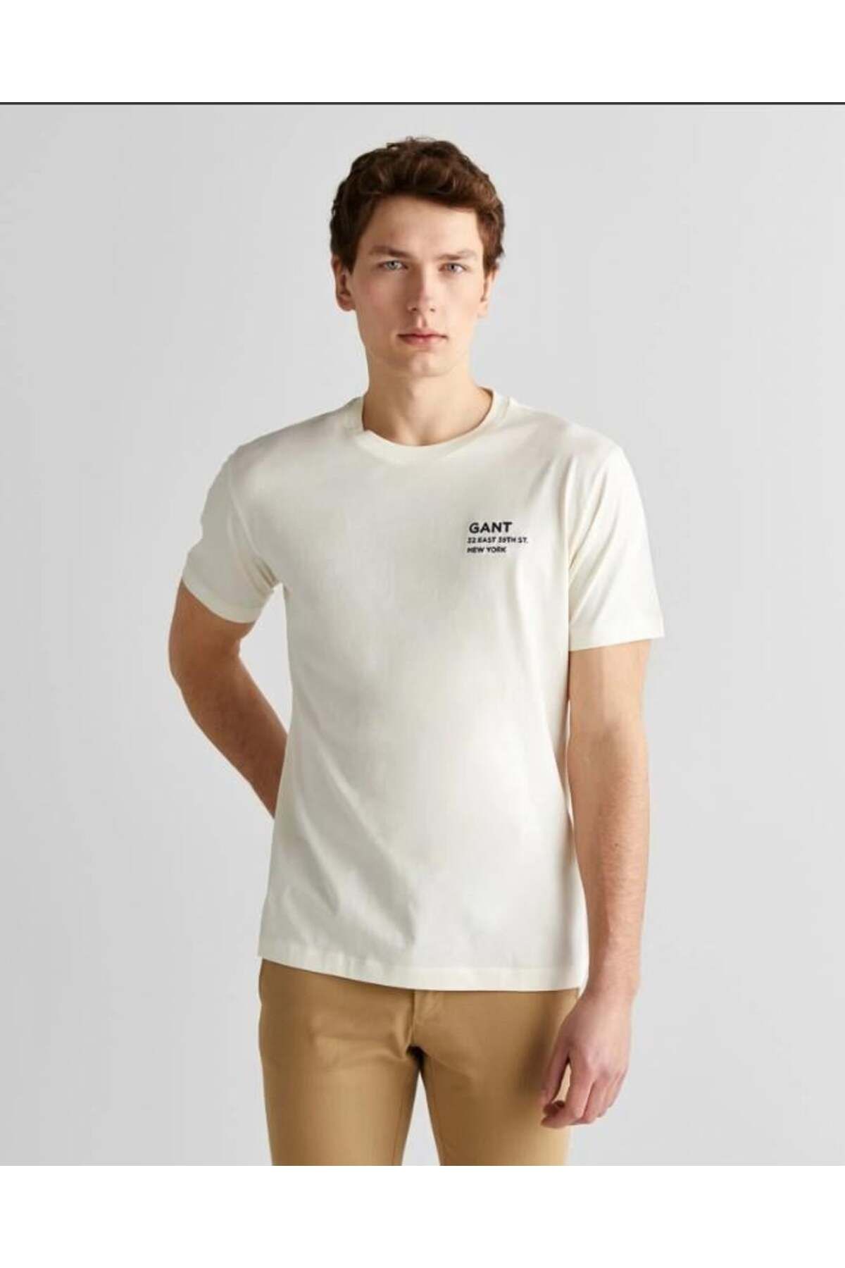 Gant Erkek Krem Regular Fit Bisiklet Yaka Logolu T-Shirt