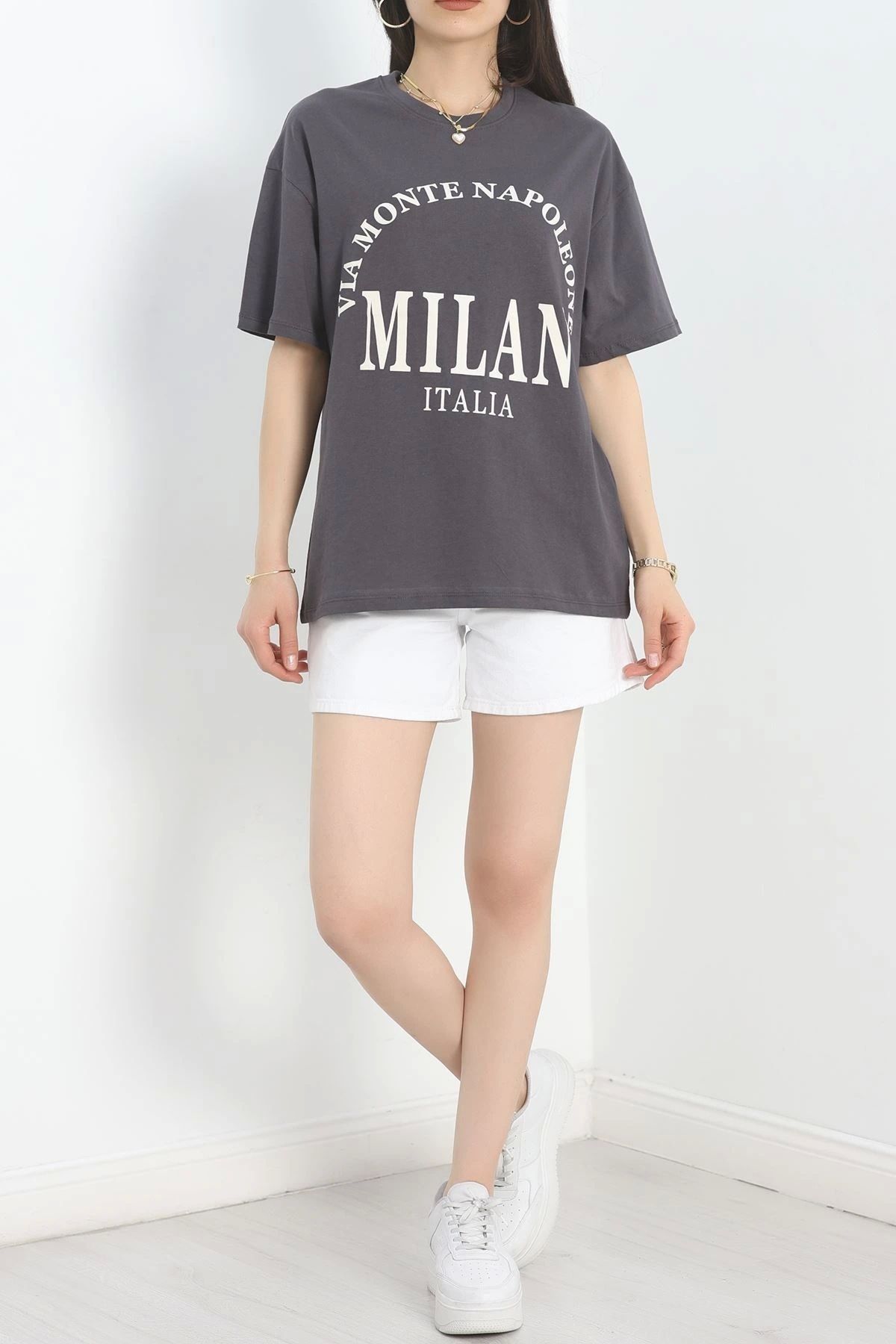 OurStyles Baskılı Oversize Tişört Antrasit - 40649.1872.