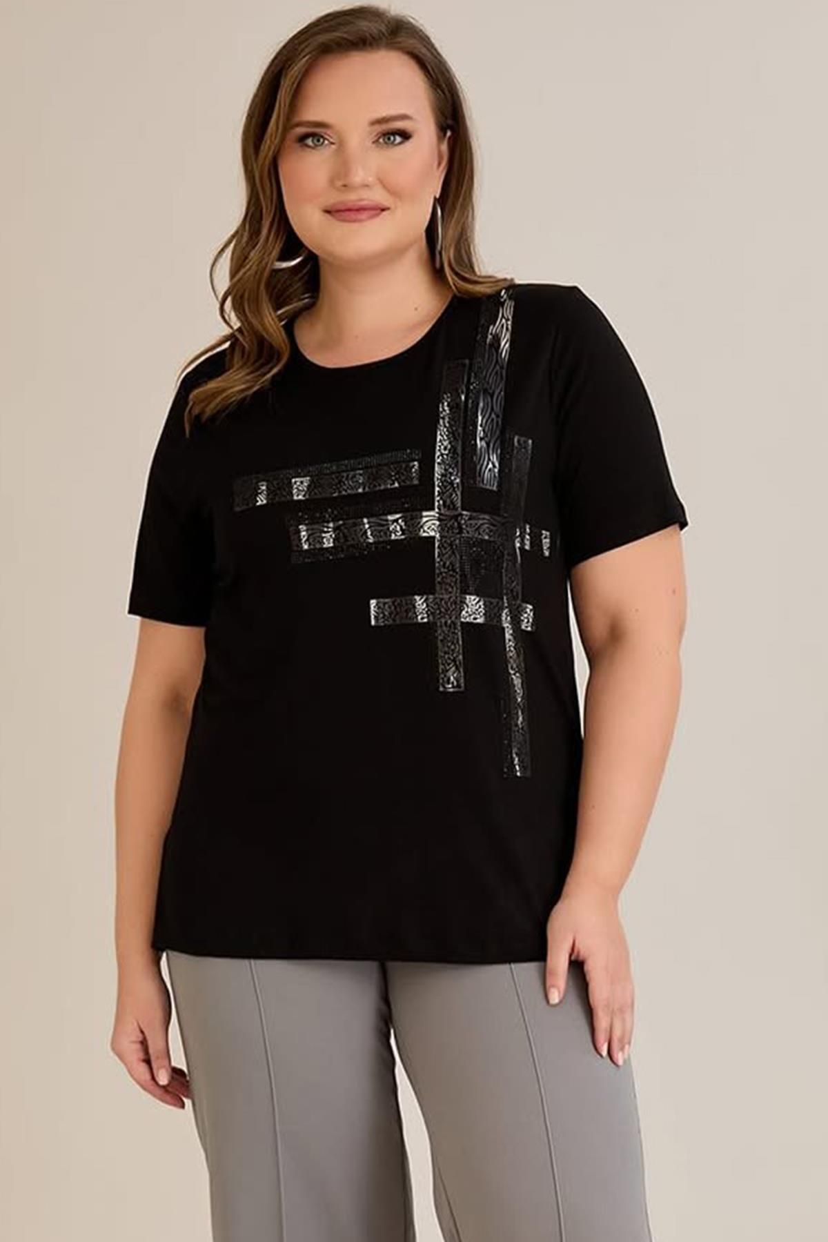 wearon tekstil Wearon Kadın Melis Baskılı Kısa Kol Siyah Tişört