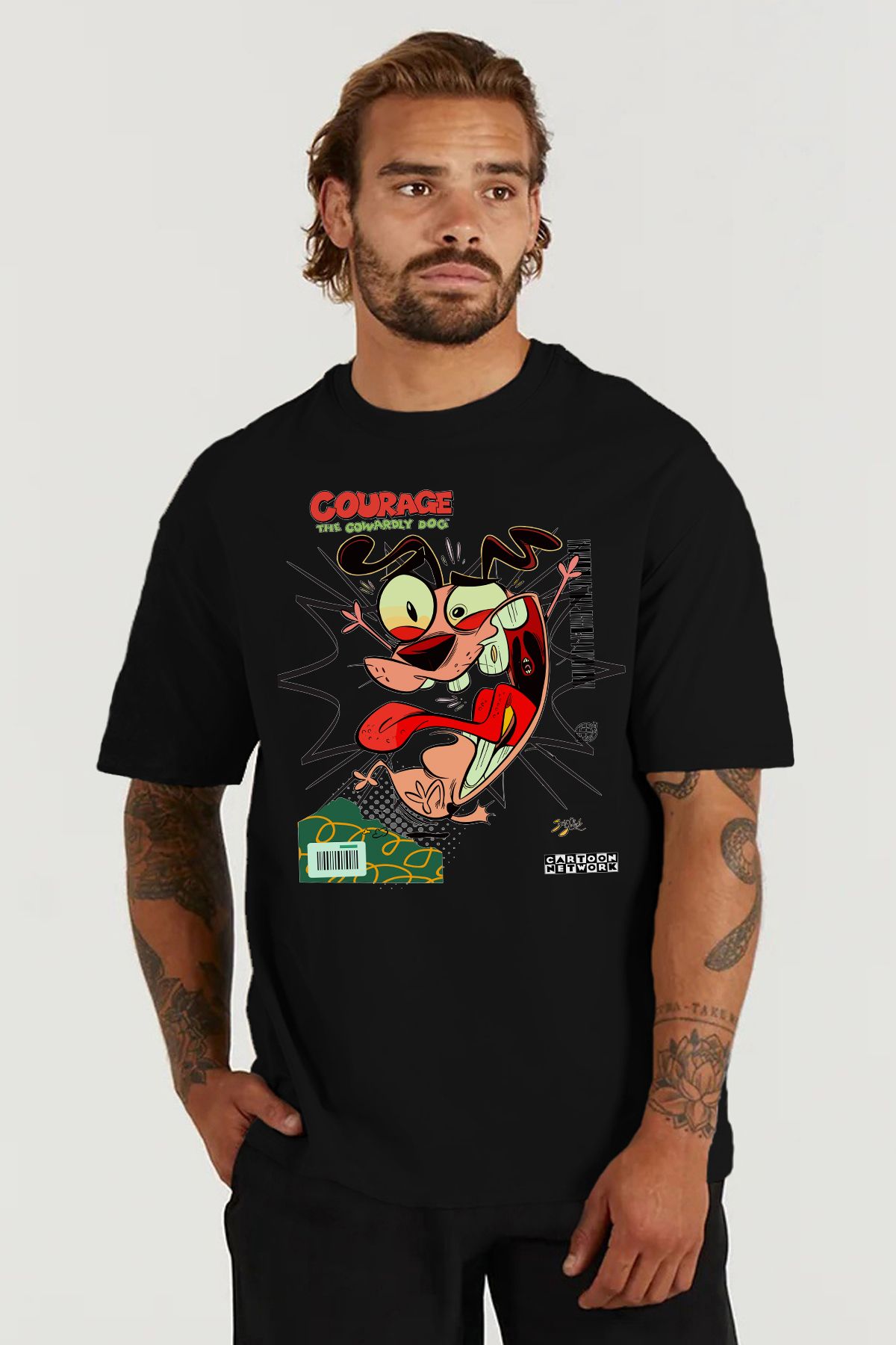MODA Courage Cesur Korkak Köpek The Cowardly Dog Baskılı Oversize Siyah Geniş Bol Kesim Erkek Tişört