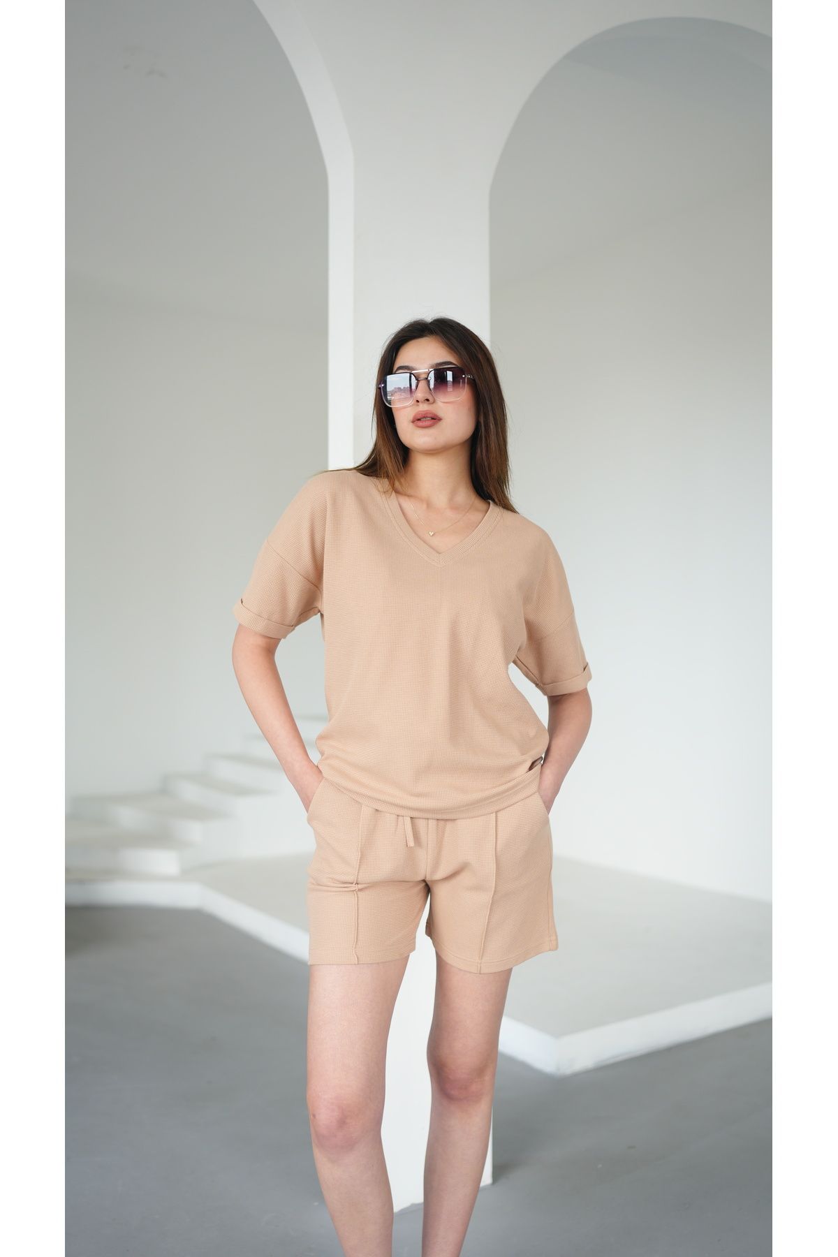 moda paketi KADIN ŞORTLU WAFFLE TAKIM