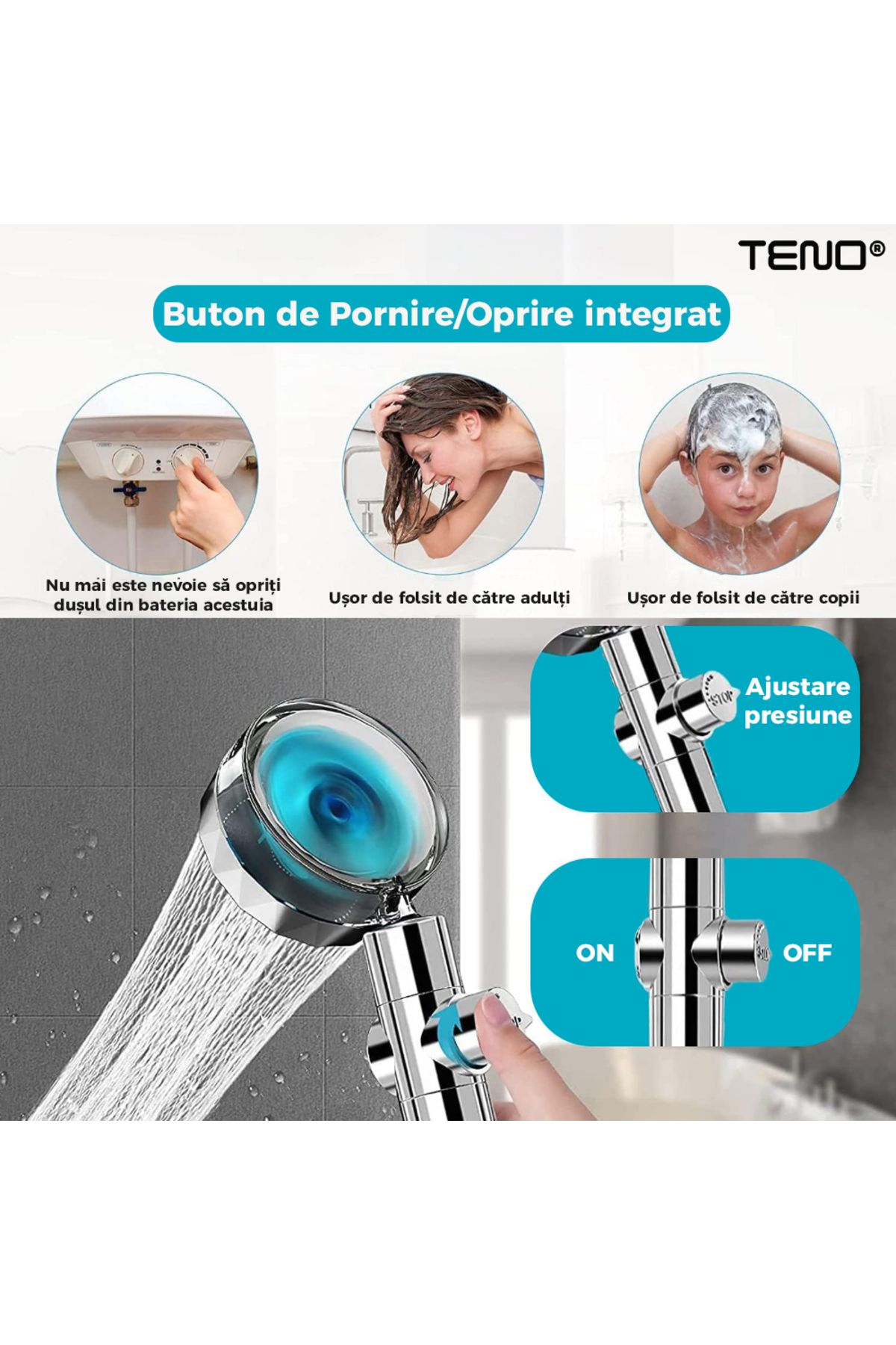 Teno-Para de Dus Turbo Teno®, 2 filtre extra, buton On/Off, cap Rotativ 360°, albastru 6