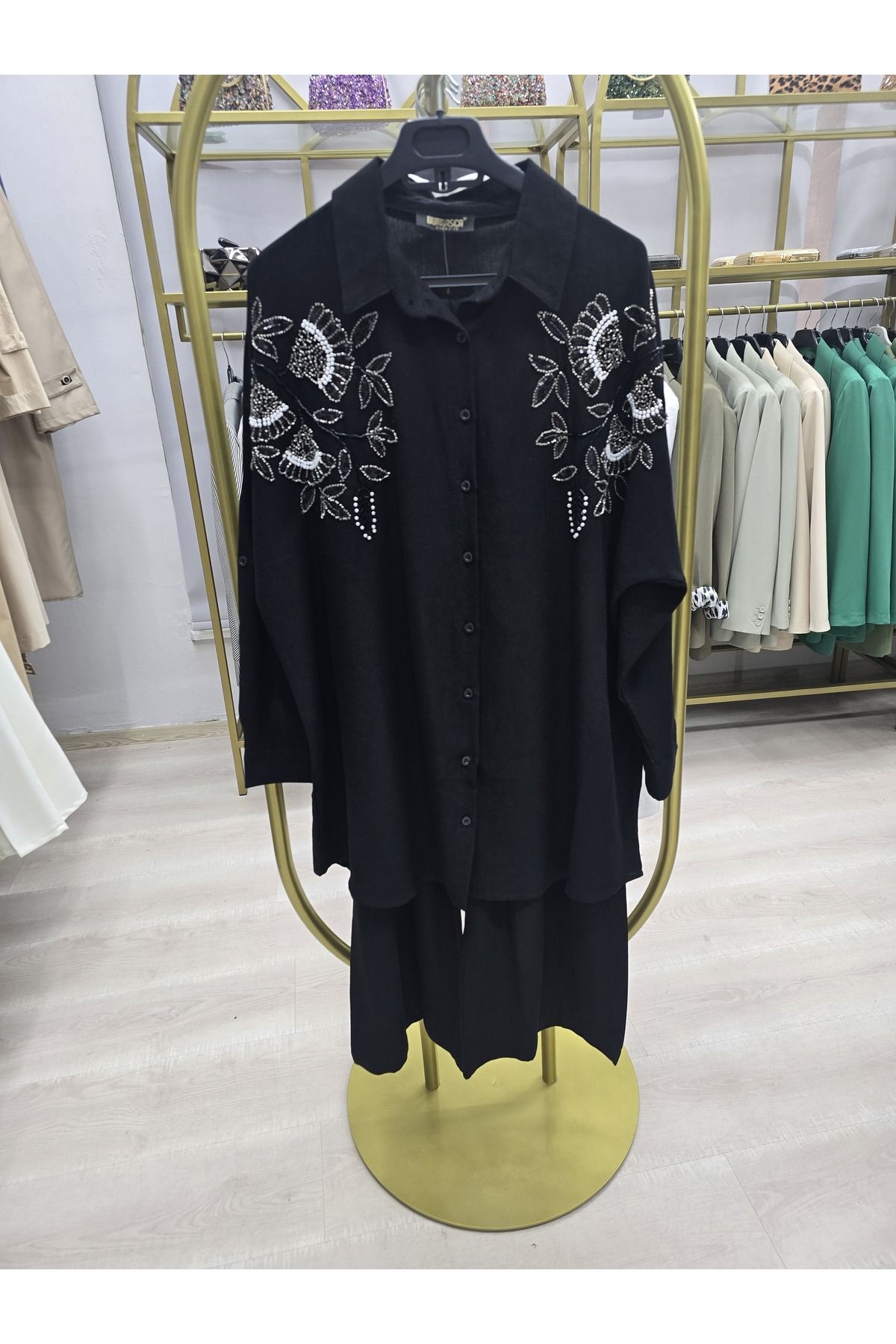 Omka Moda Keten İkili Takım işlemeli Gömlek Pantolon Takım