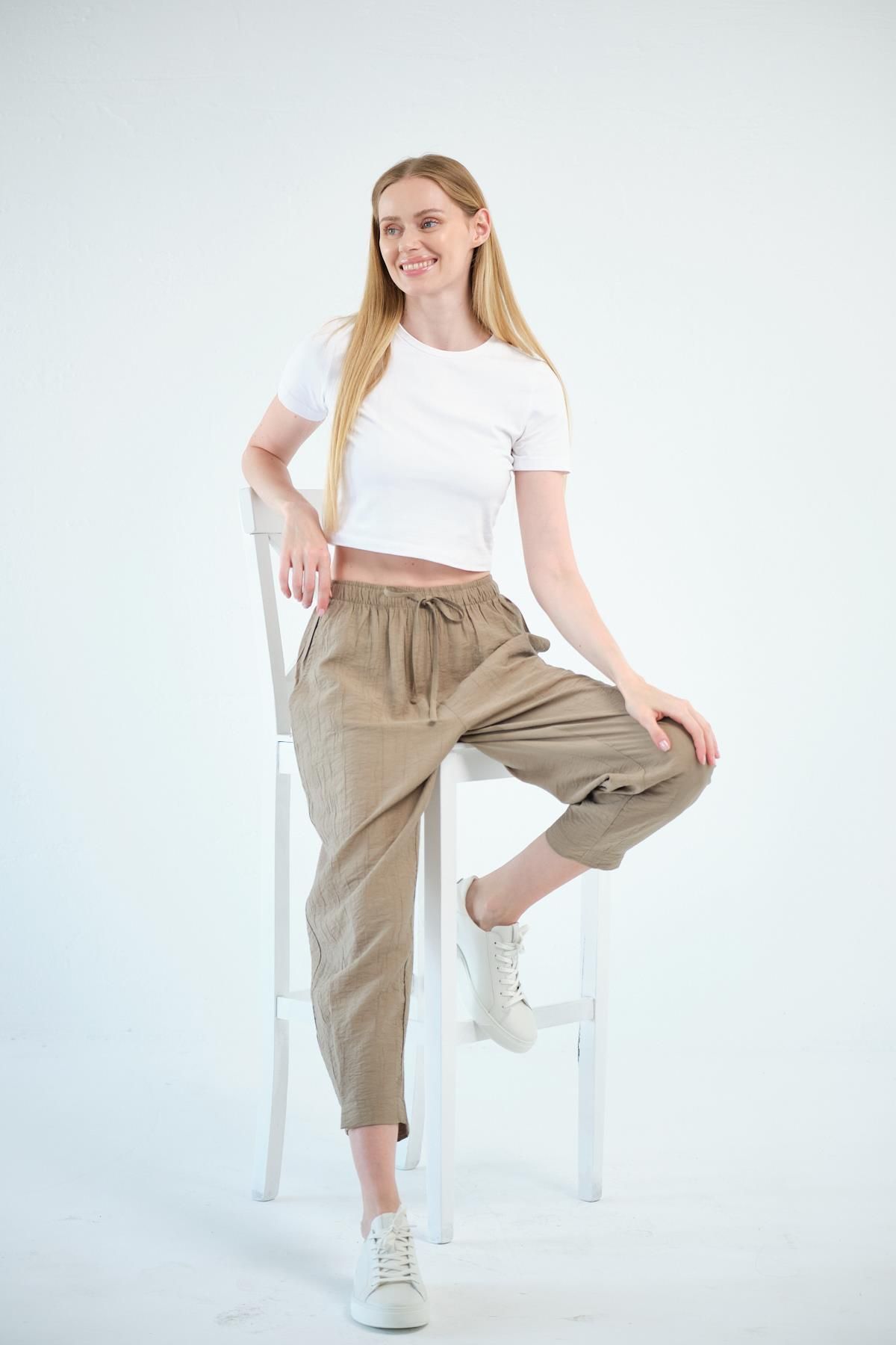 BUSA Giyim Beli Bağcıklı Mom Fit Modal Pantolon HAKİ