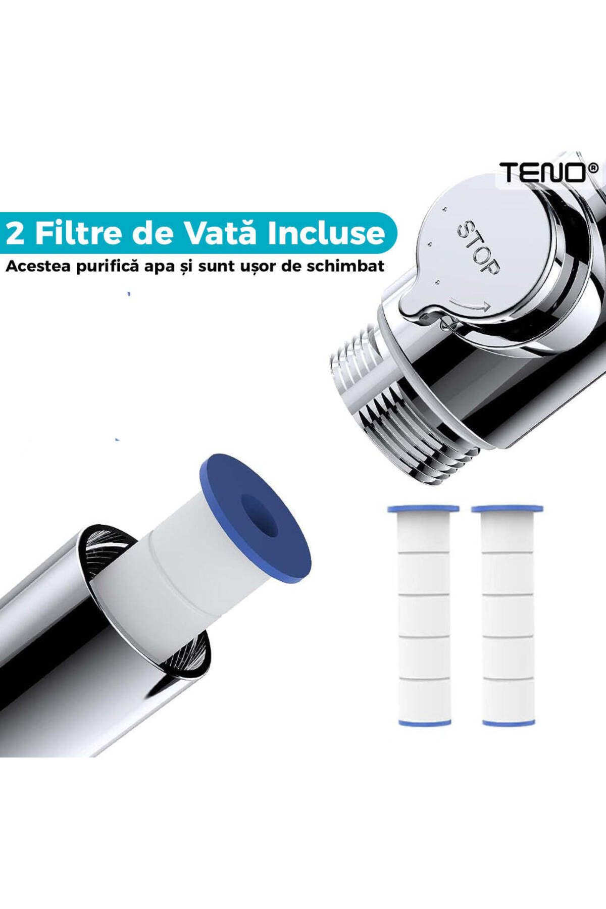 Teno-Para de Dus Turbo Teno®, 2 filtre extra, buton On/Off, cap Rotativ 360°, albastru 7