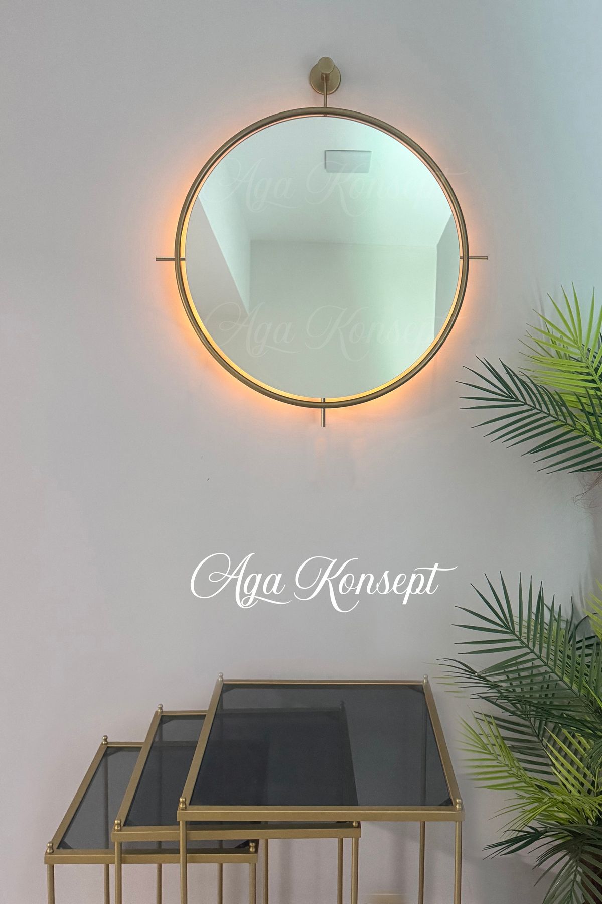 AGA KONSEPT LED li GOLD Simirna Ayna Orta Boy 50 cm Dekoratif Duvar Salon Mutfak Banyo Wc Ofis Makyaj Aynası