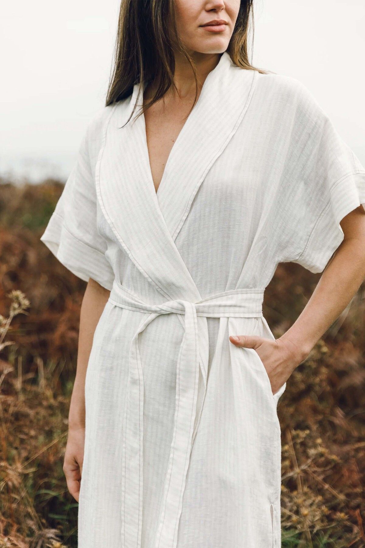 JOJOMIA Natura Kısa Kollu Şal Yaka Çizgili Kadın Sabahlık / Kimono Bej
