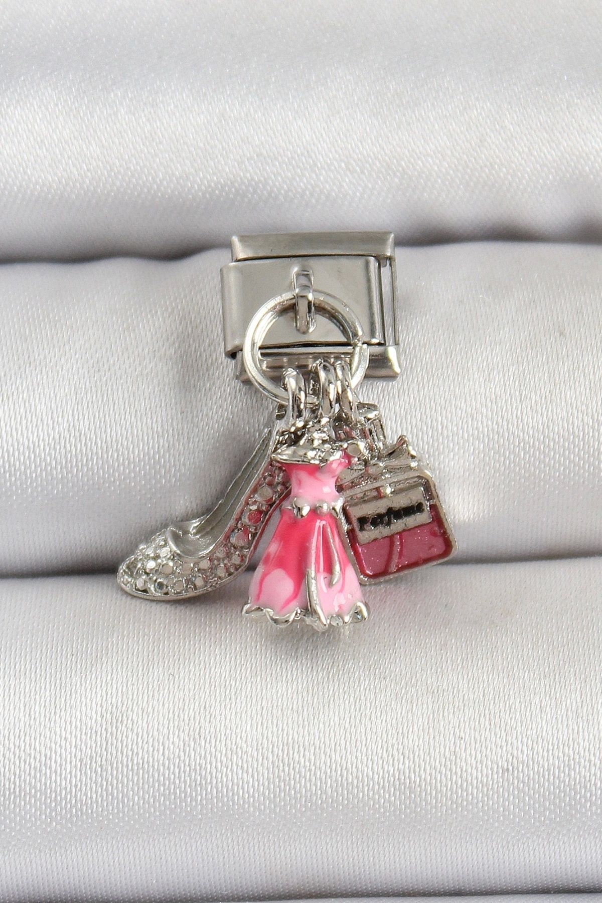OurStyles 316L Çelik Gümüş Renk Pembe Elbise Kombini Model Nomination Charm - TJ-BC1502 - şık tasarım