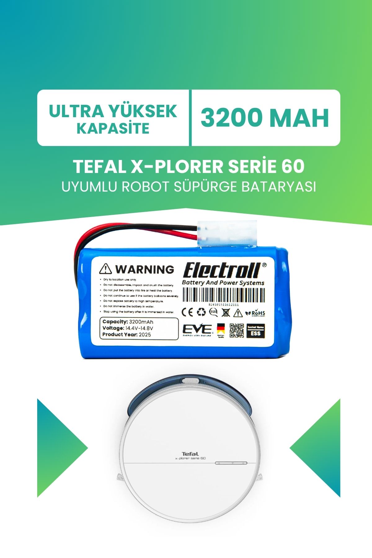 ELECTROLL Tefal X-Plorer Serie 60 Uyumlu Batarya (ULTRA YÜKSEK KAPASİTE) 3200mah Pil Robot Süpürge Bataryası