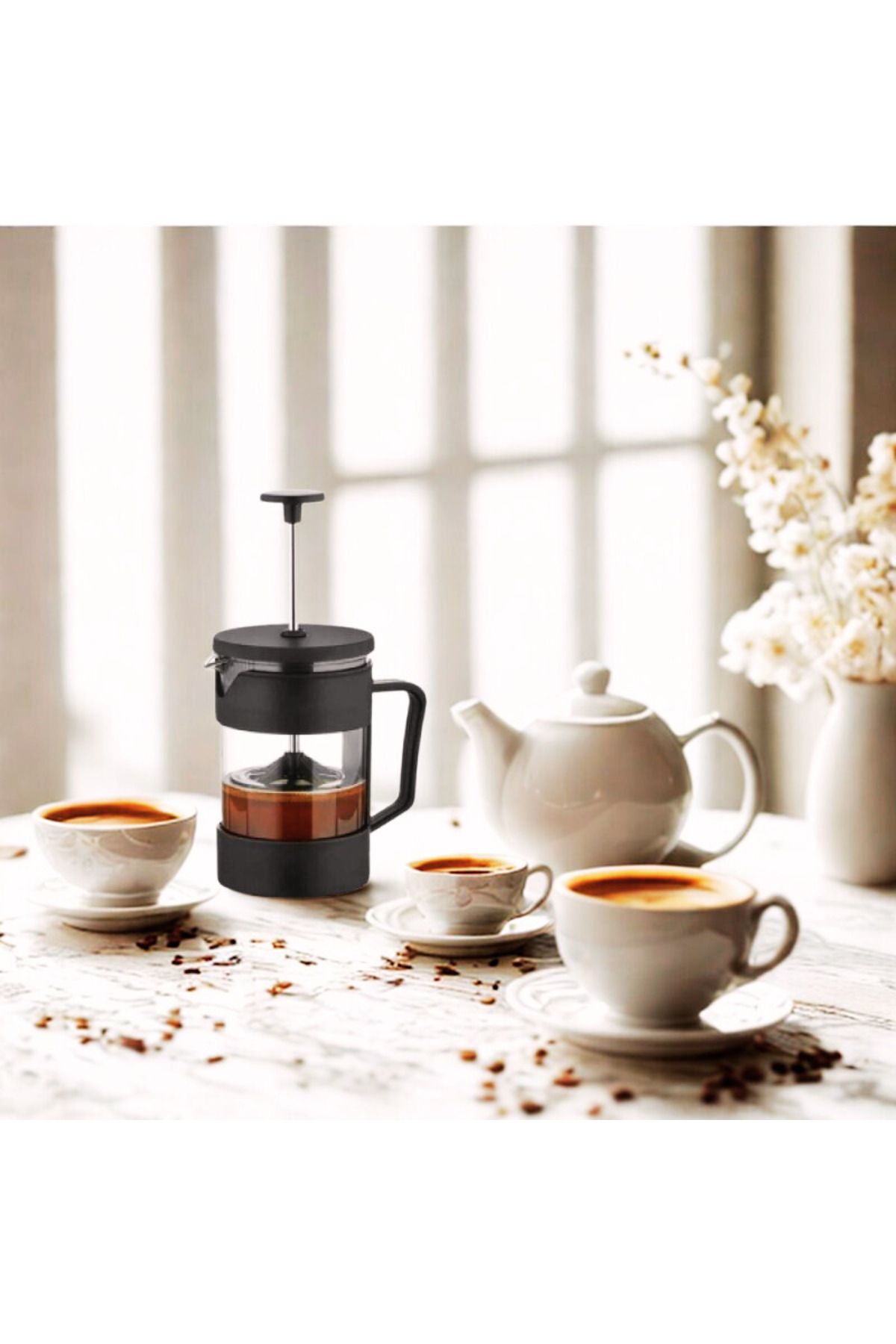 elsmor Siyah Cam French Press 350 ml Isıya Dayanıklı Cam Manuel Çay Kahve Demleme French Press