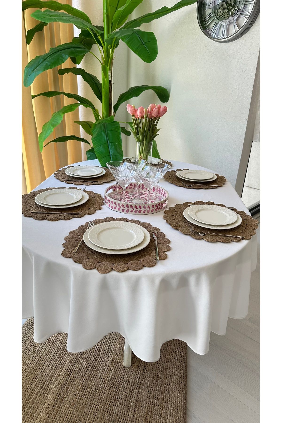 Decamor home Kadife Dokulu Dertsiz Leke Tutmaz Beyaz Oval Masa Örtüsü