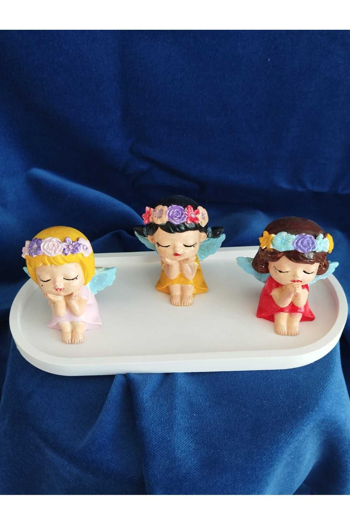 DecorWiz Dekoratif Neşeli Bebek Obje 3 lü + Tepsi Beyaz Renk