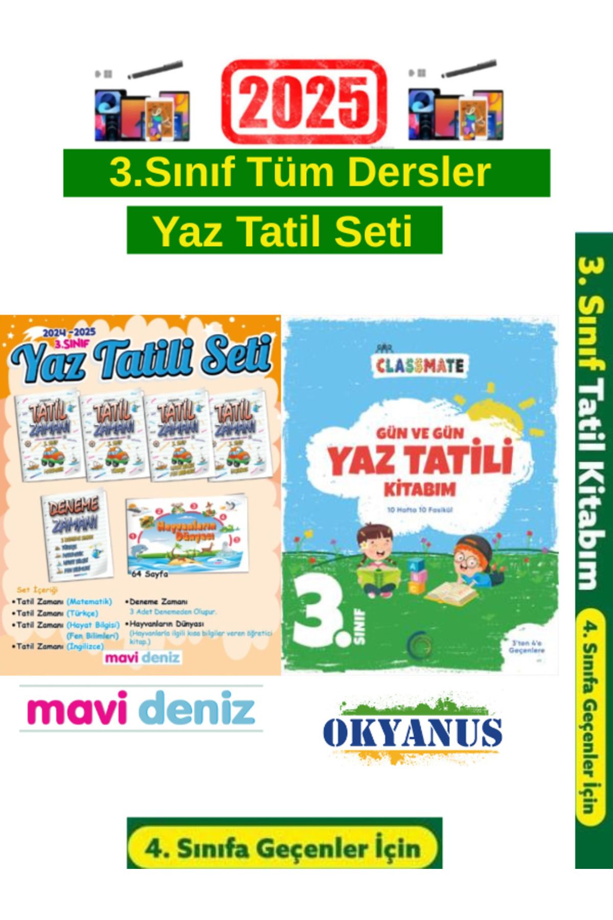 Bilfen Yayıncılık MaviDeniz 3.Sınıf Yaz Tatil Kitabı+Okyanus 3.Sınıf Gün Gün Yaz Tatil Seti+Android Kalem