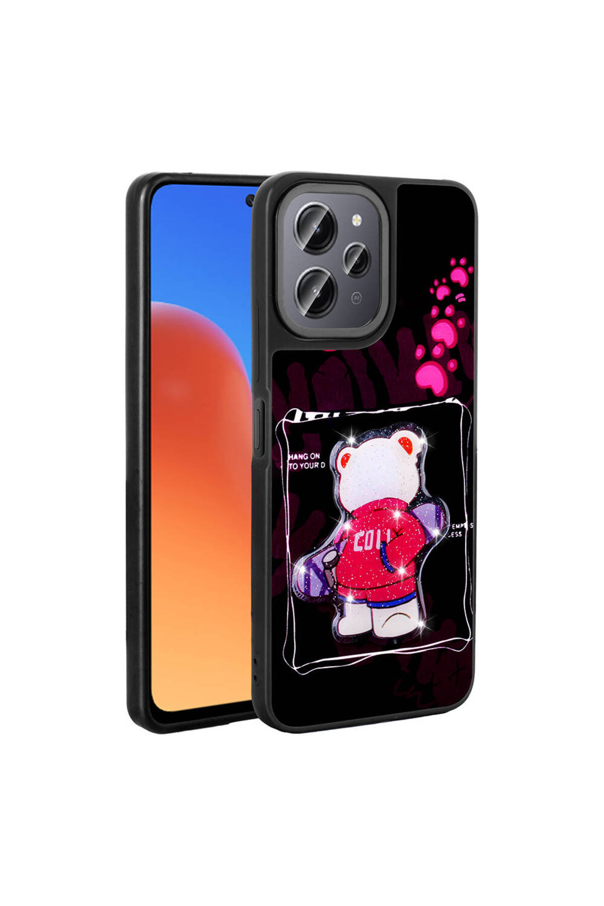 Redmi 12 4G Kılıf Parlayan Kabartmalı İkonik Figürlü JoieCreatif Amas Silikon Kapak - Siyah