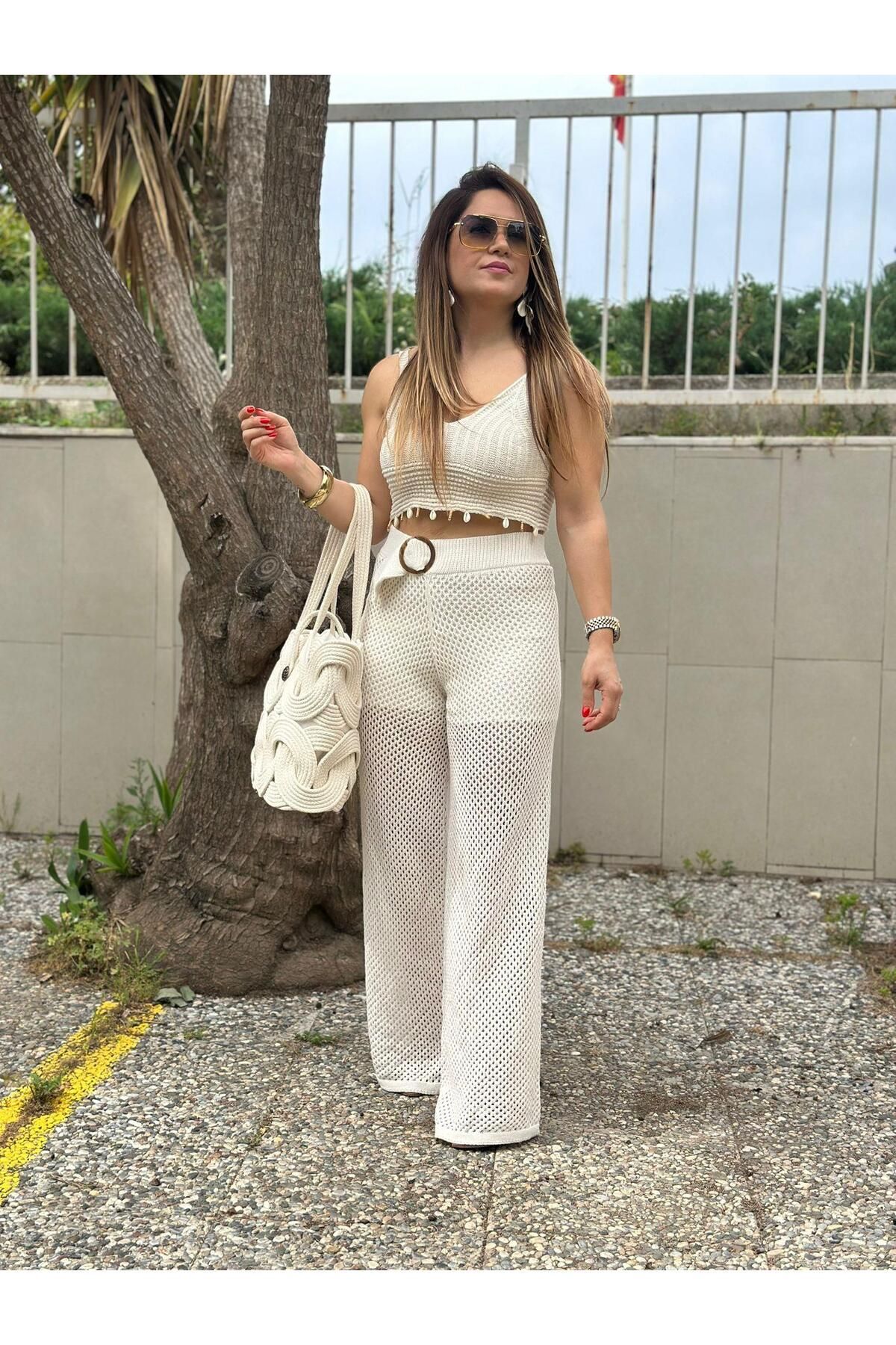 INPOEMA Kemer Detaylı Krem Triko Pantolon