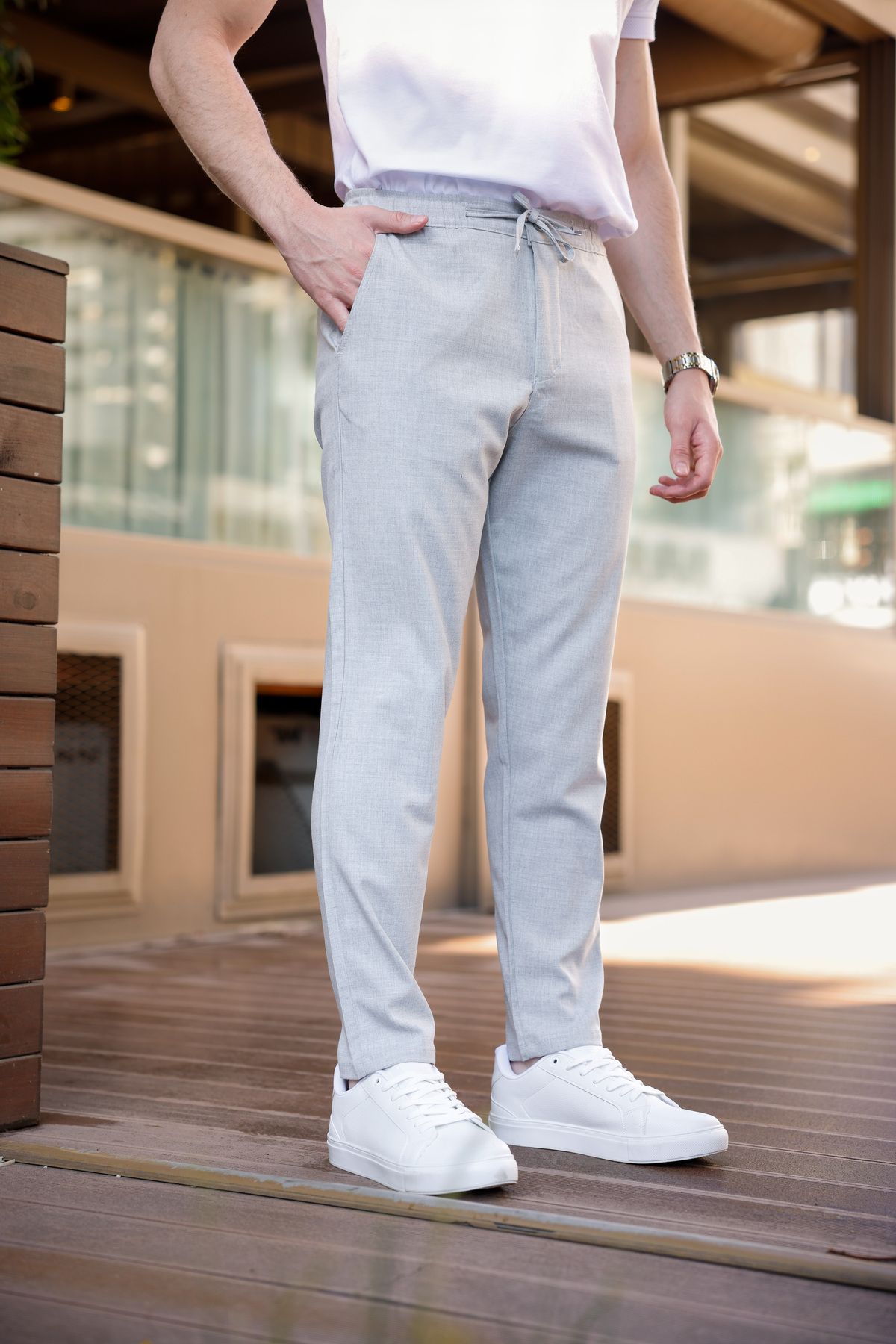 MODAMESTO Erkek Gri Relaxed Fit Yandan Cepli Beli Lastikli Bağcıklı Jogger Pantolon